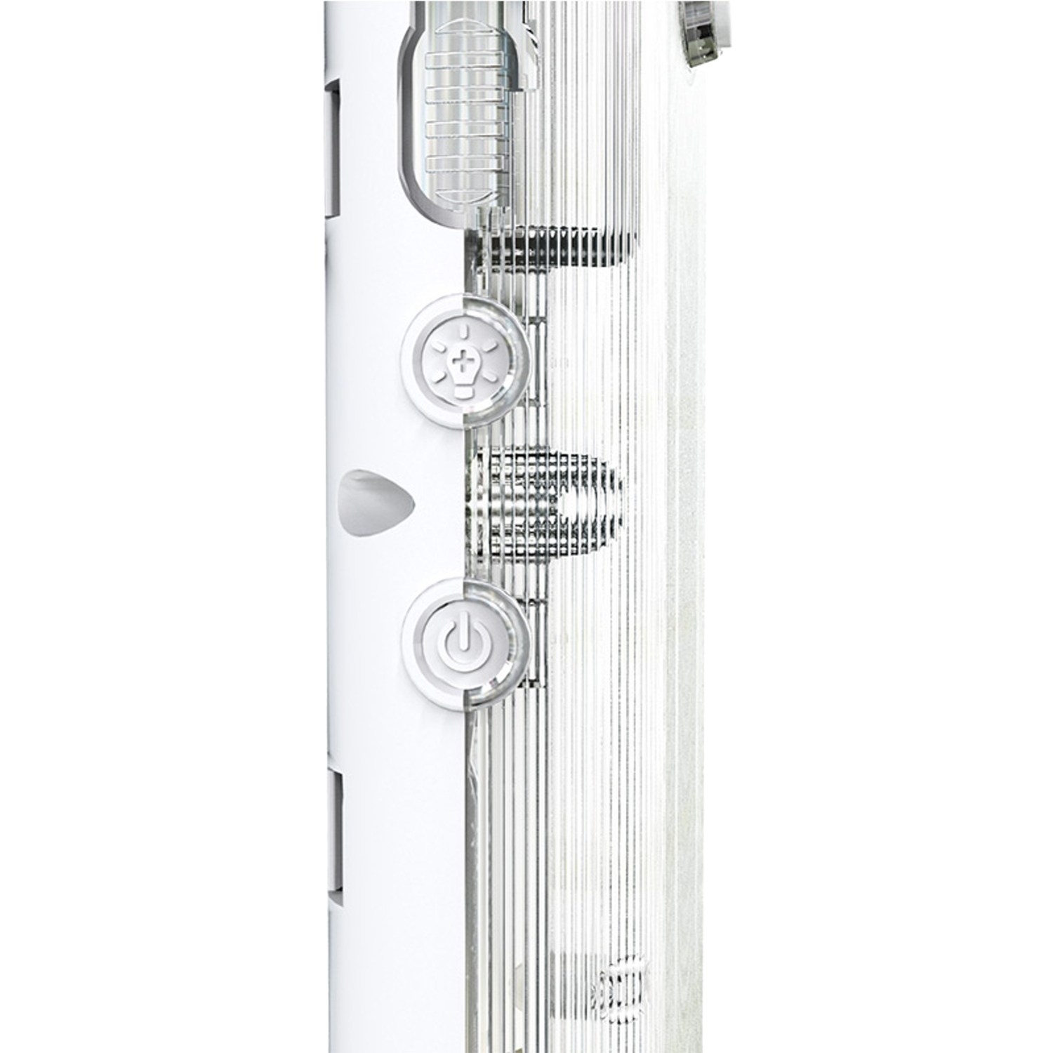 A close-up of a white electrical device with buttons and a side with vents.