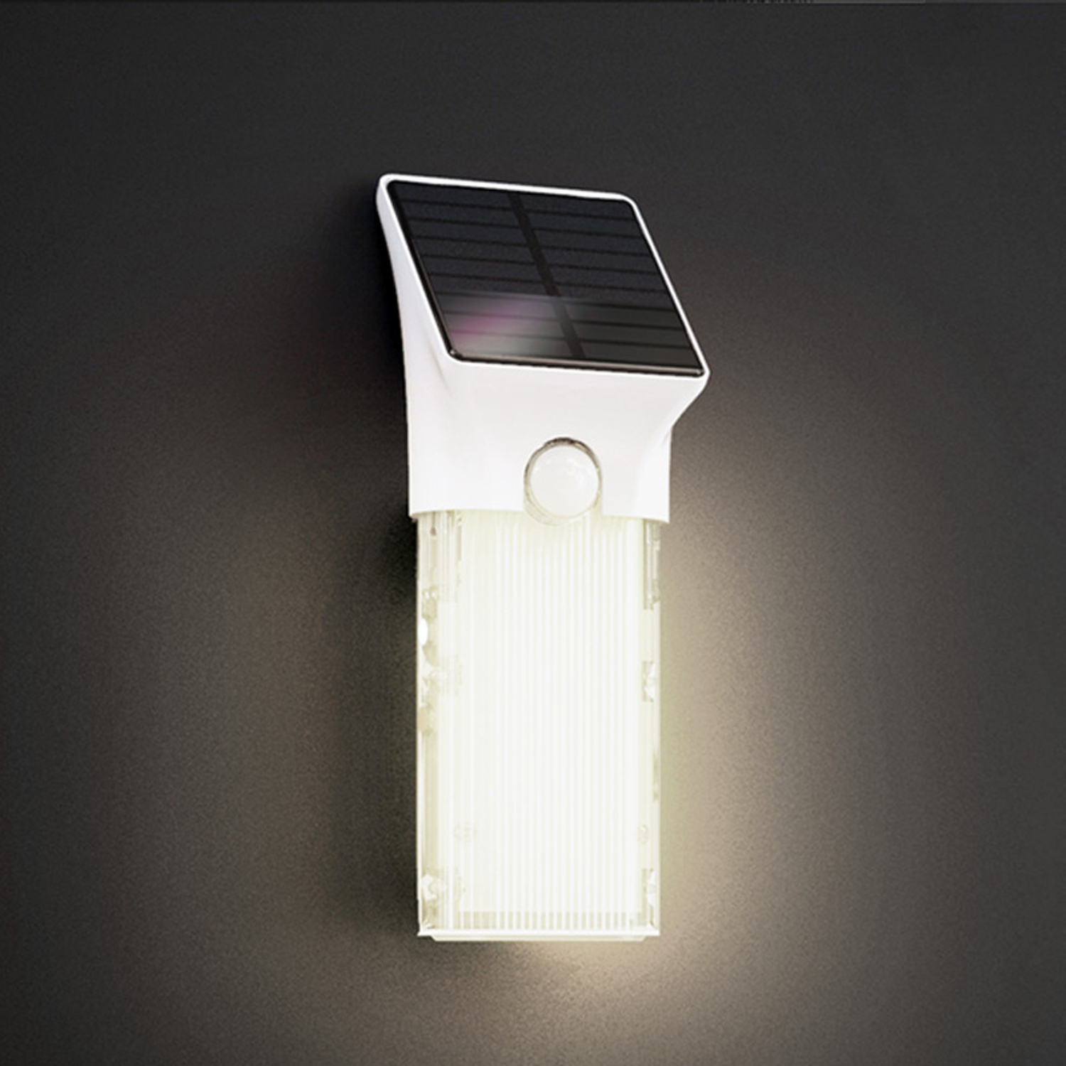 White solar-powered wall light with a rectangular light panel.
