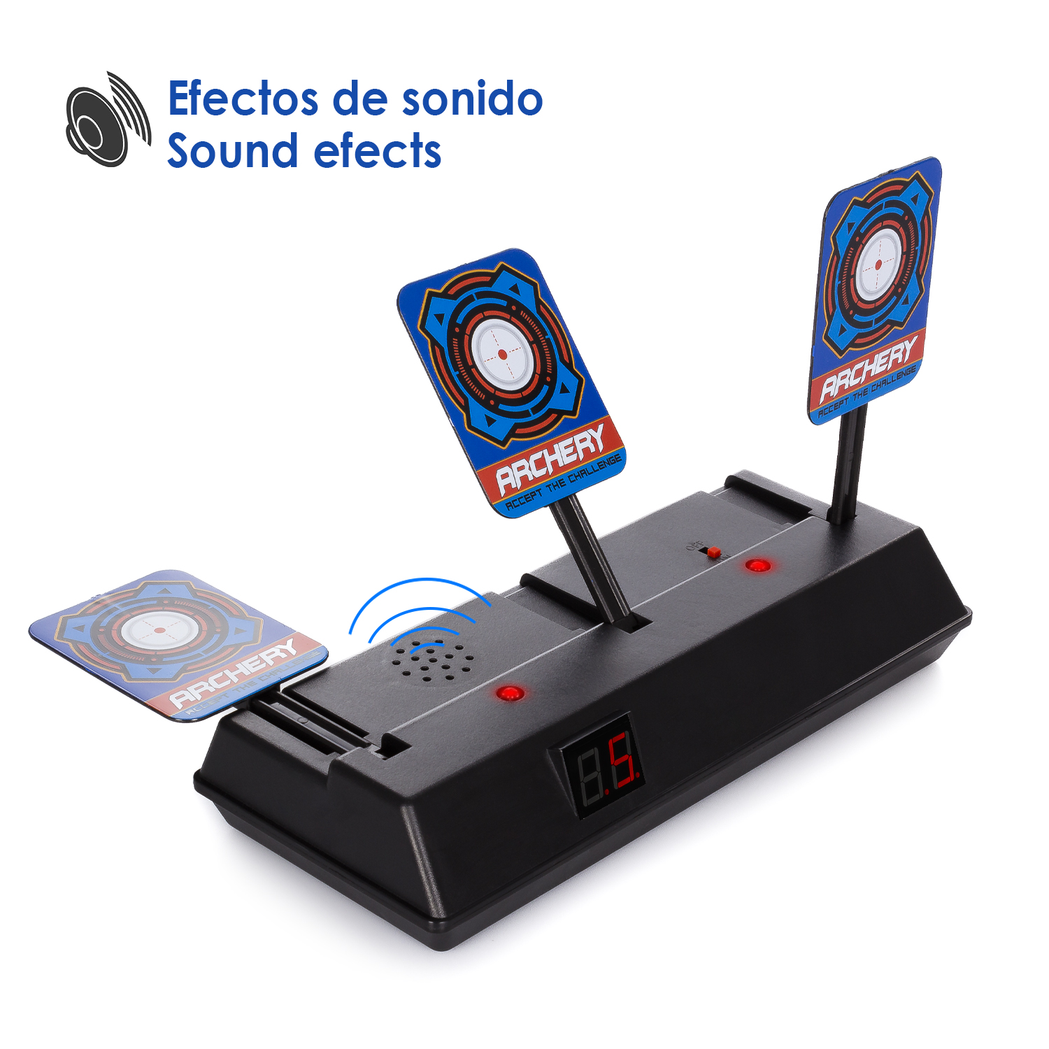 Un juego de tiro con arco con dos dianas y una pantalla digital que muestra una puntuación.