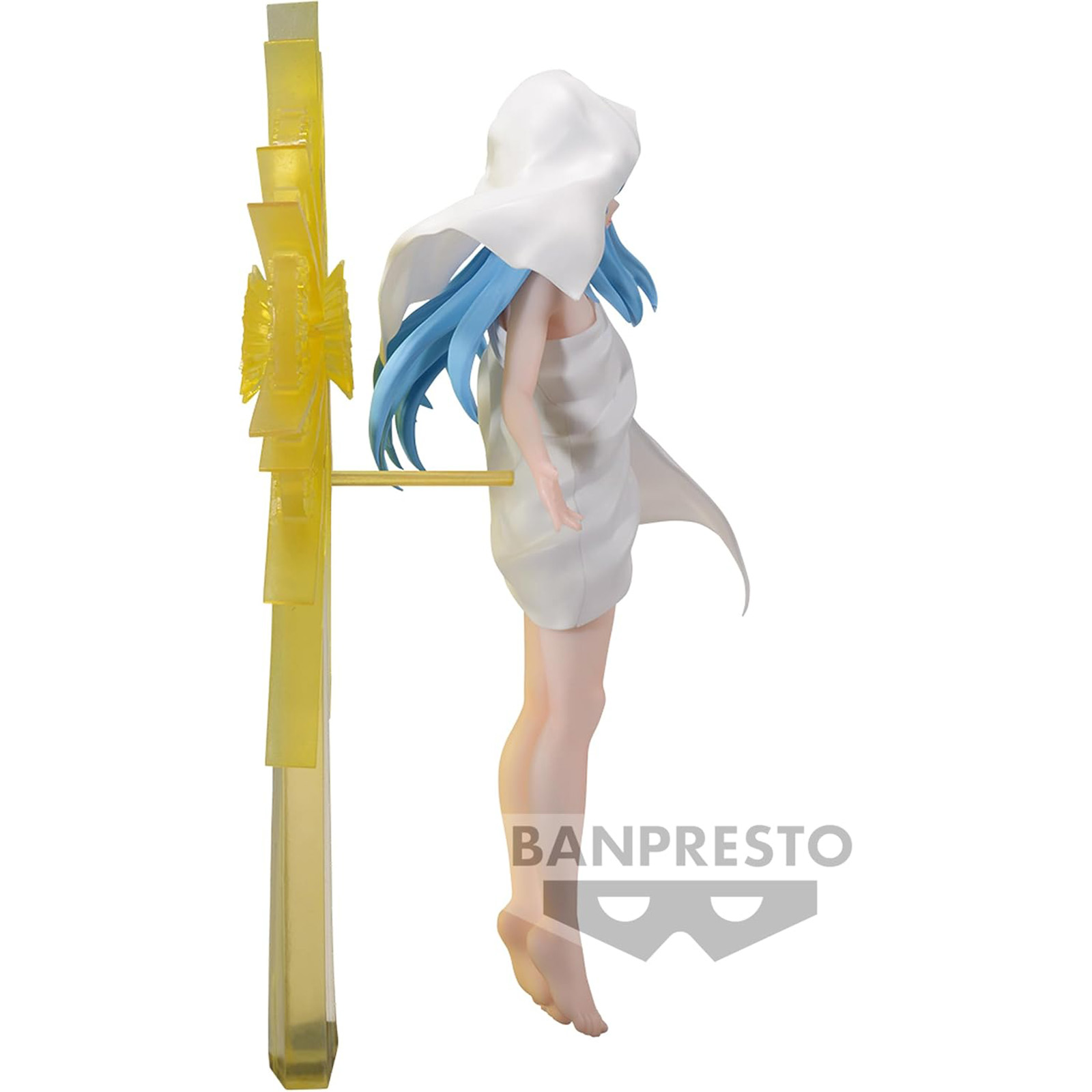 Figura de anime de una mujer con cabello azul y vestido blanco, sosteniendo un dispositivo dorado.