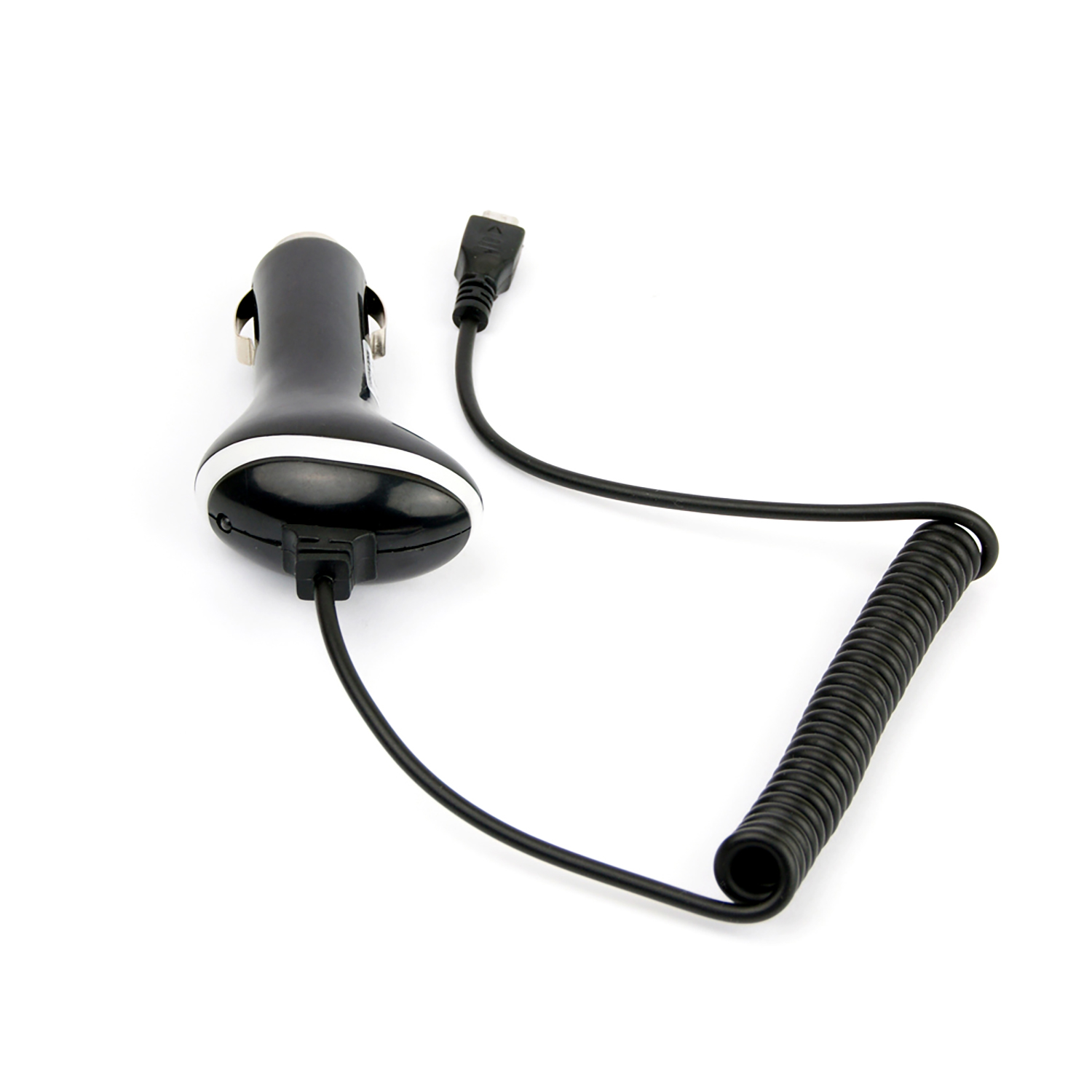 Caricabatterie per auto nero con connettore USB e cavo a spirale, isolato su sfondo bianco.