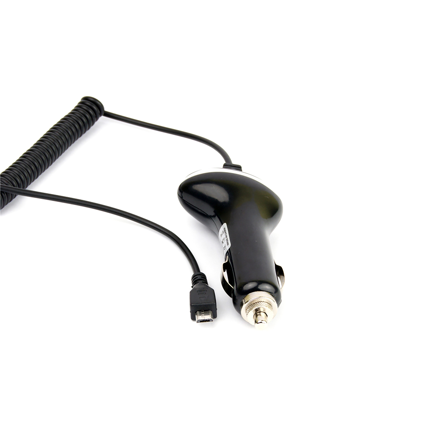 Caricabatterie per auto nero con connettore micro USB.
