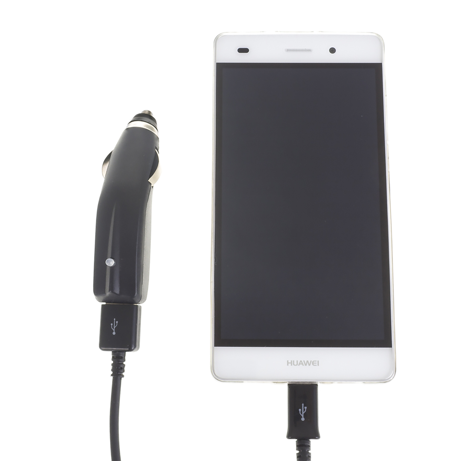 Un telefono bianco collegato a un caricabatterie per auto nero con un cavo USB.