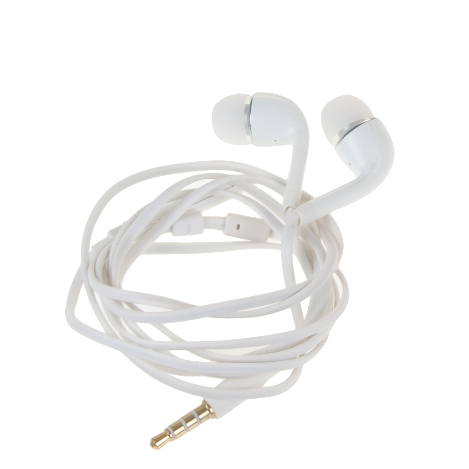 Auricolari bianchi con microfono e un groviglio di fili bianchi su sfondo bianco.
