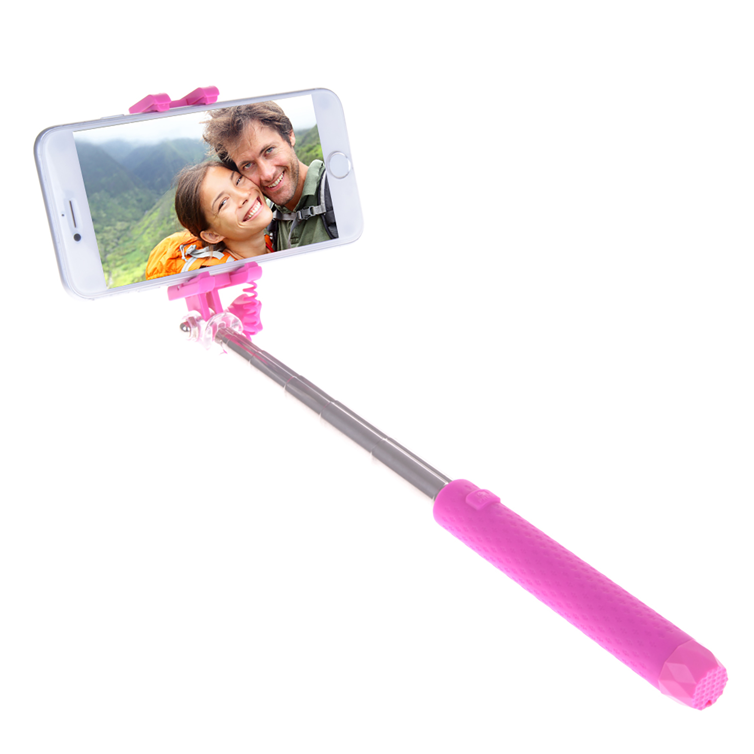 Palo selfie rosa sosteniendo un teléfono que muestra a una pareja sonriendo. Fondo blanco.