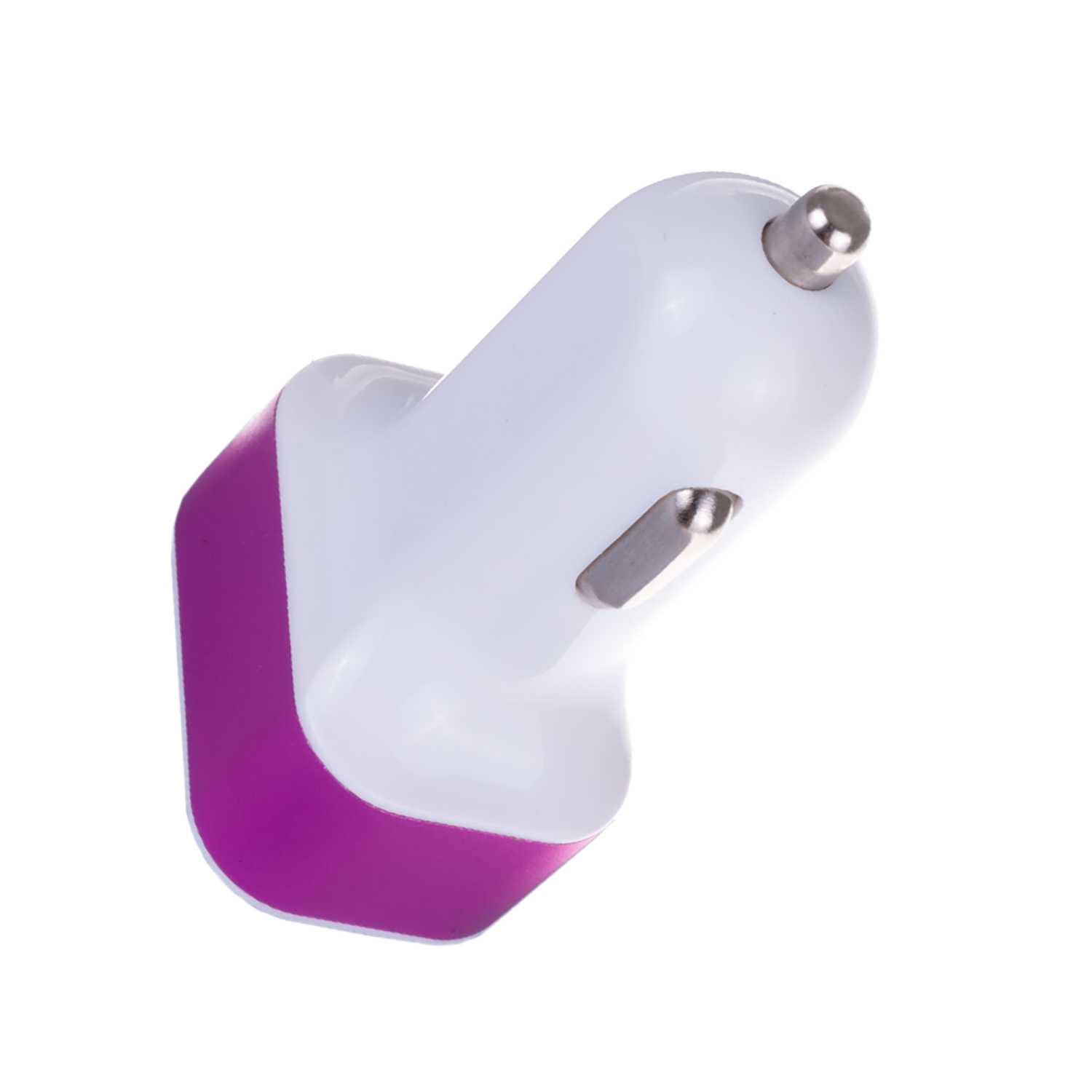 Adattatore per caricabatterie per auto bianco e viola su sfondo bianco, vista angolata.