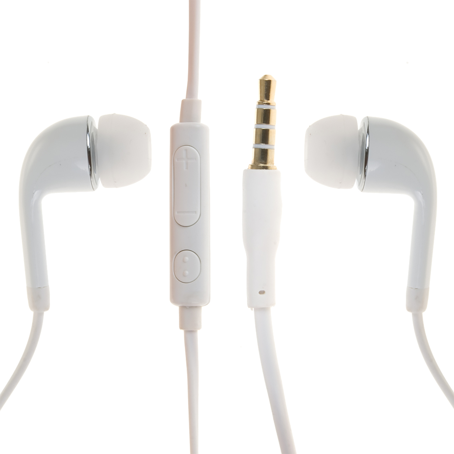 Auricolari bianchi con pulsante di controllo e connettore dorato, su sfondo bianco.