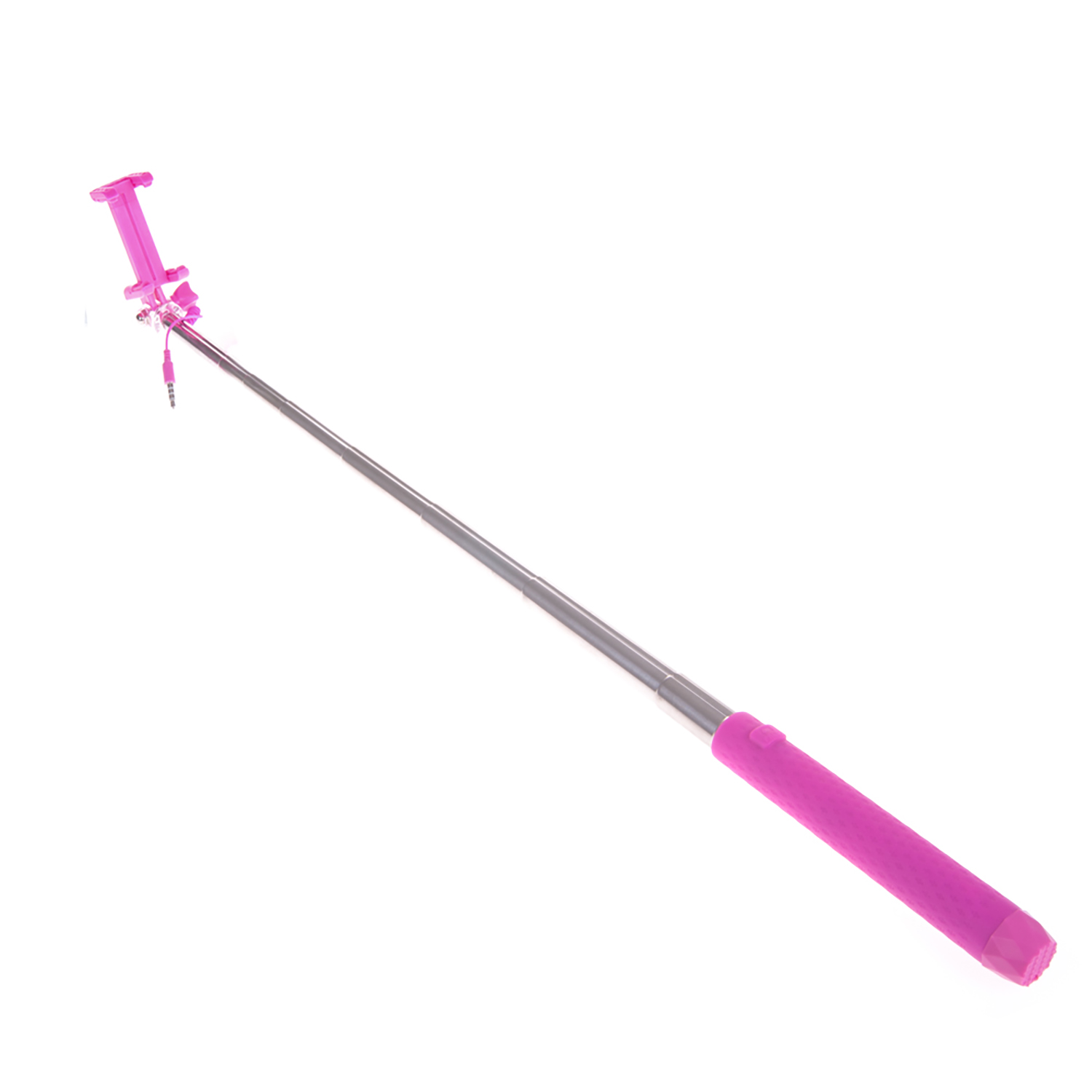 Palo selfie rosa, extendido, fondo blanco.