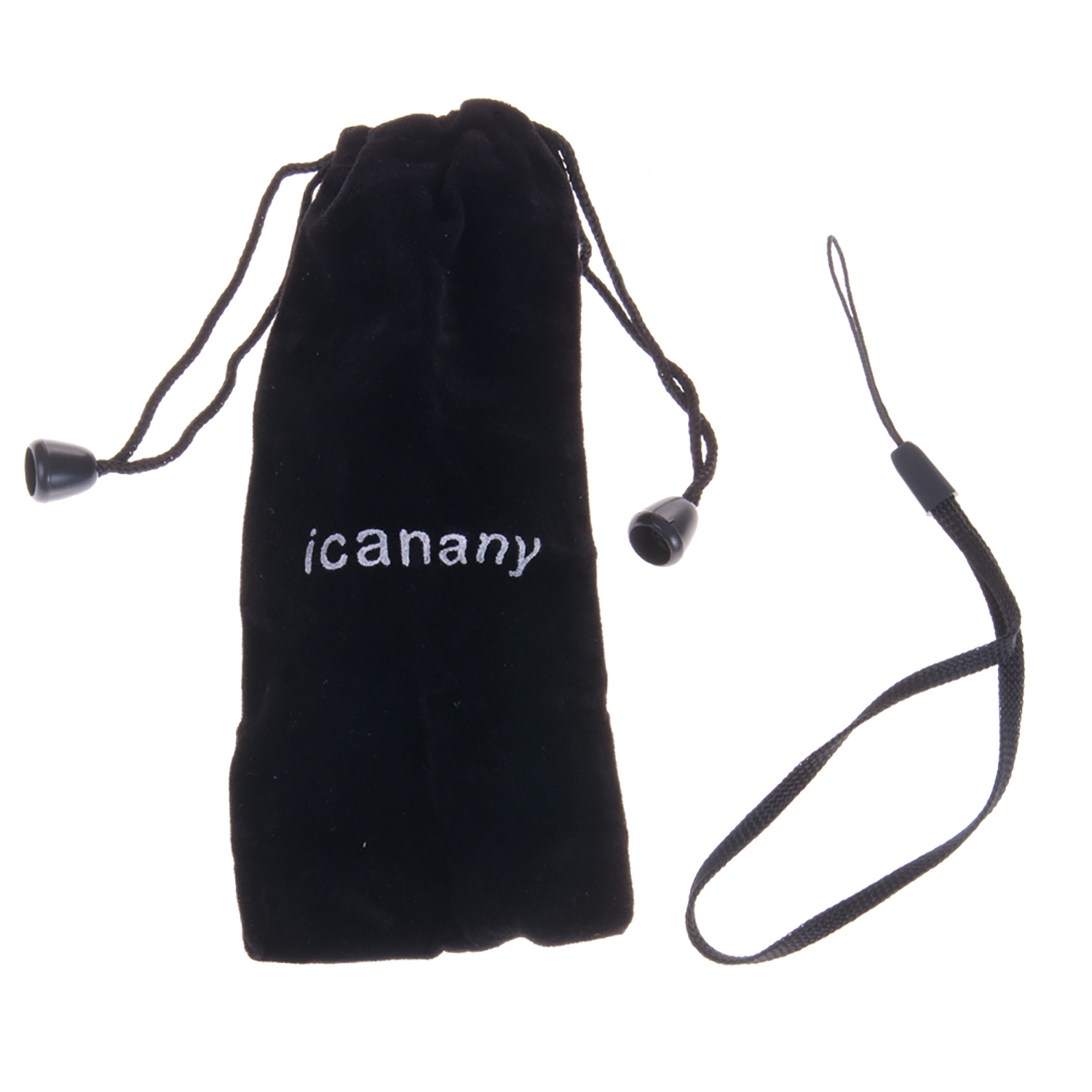 Bolsa de terciopelo negro con cordón y correa negra.