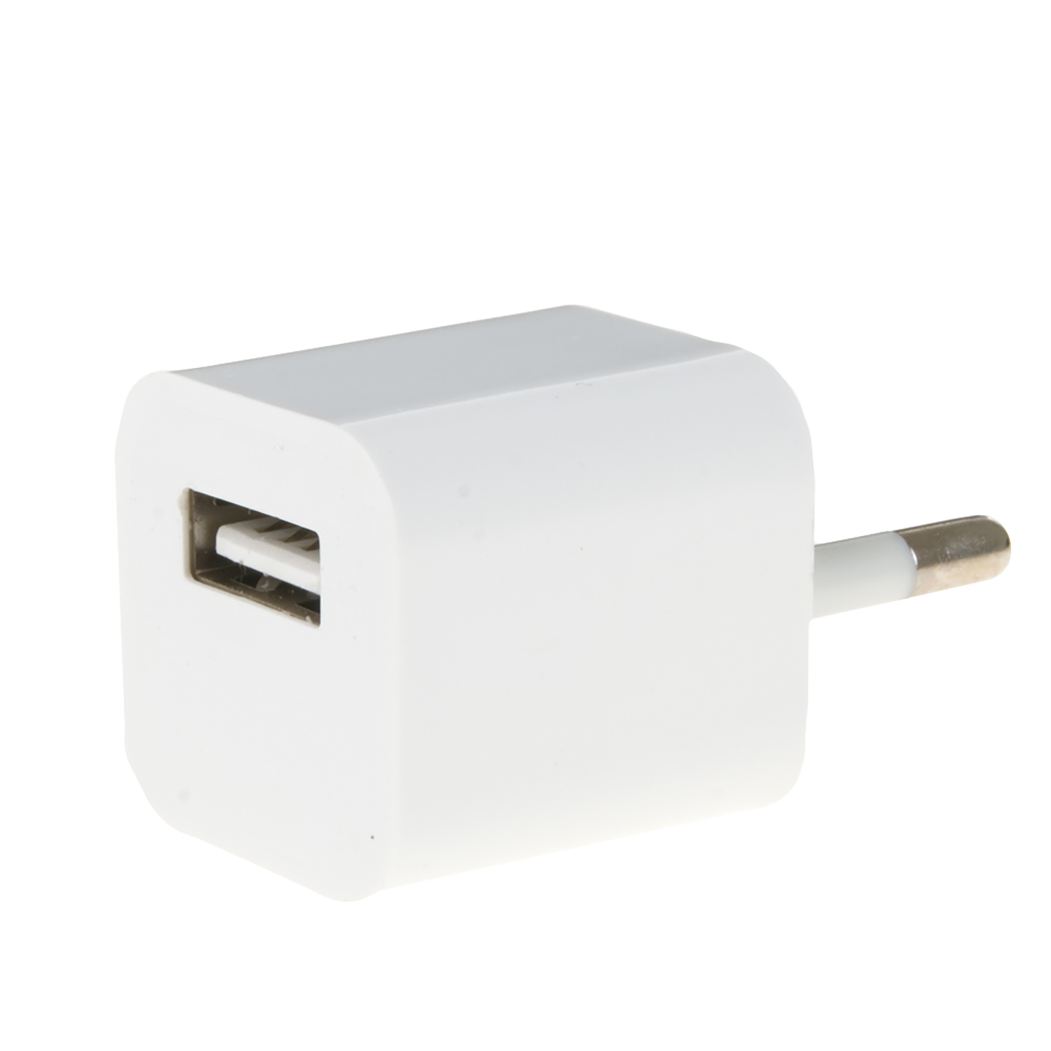 Caricatore USB bianco. Forma quadrata, con porta USB e spinotti per presa.