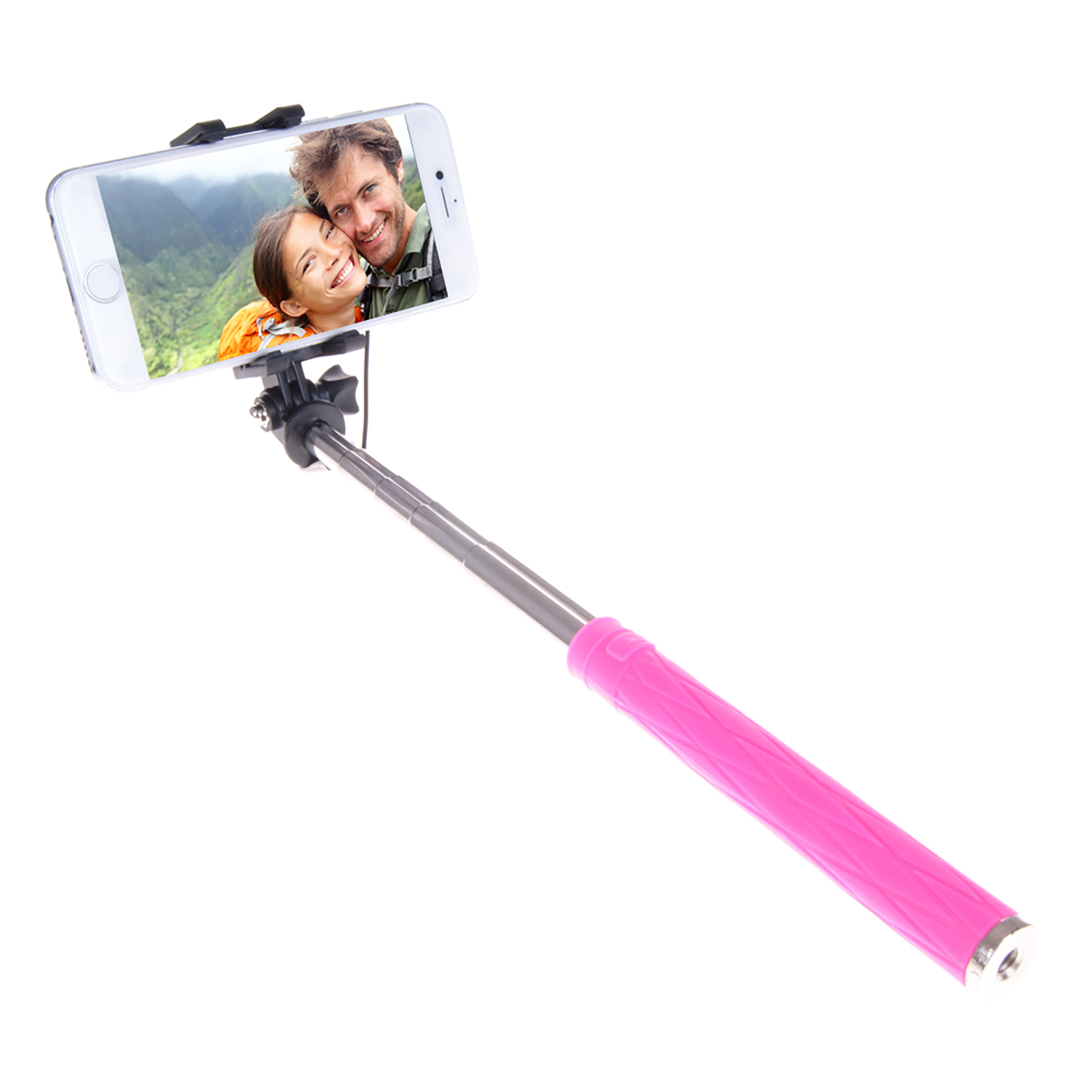Un selfie stick con un telefono che mostra una coppia. Lo stick è rosa con un'estensione argentata.