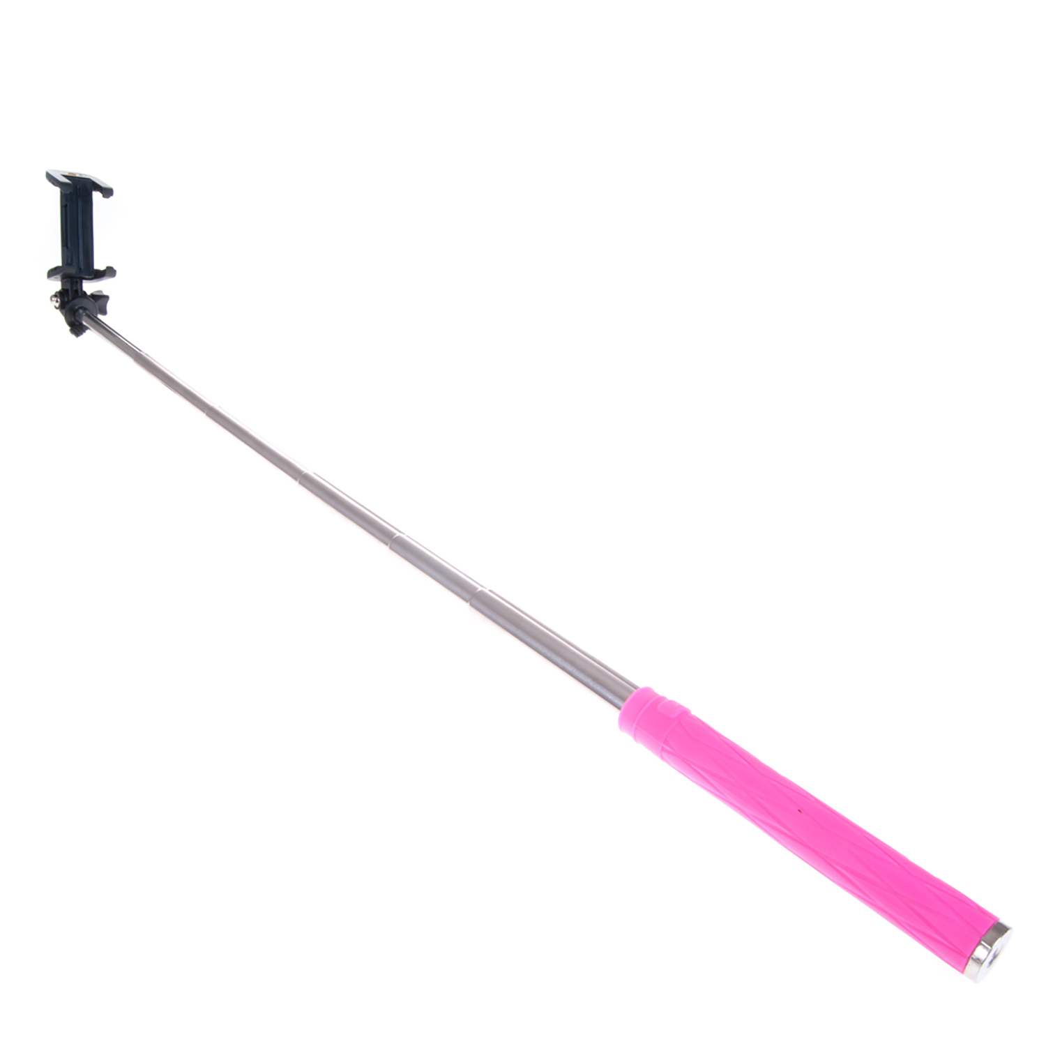 Selfie stick rosa esteso con supporto per telefono nero su sfondo bianco.