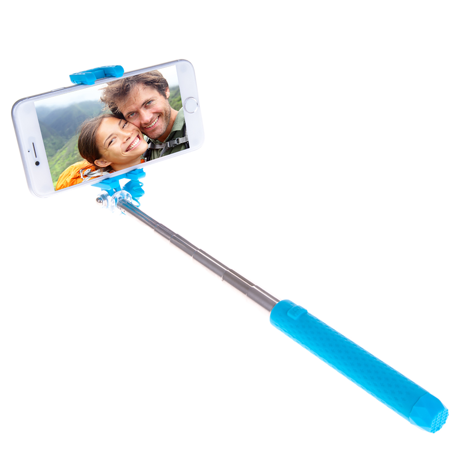 Un palo para selfies sostiene un teléfono que muestra las caras sonrientes de una pareja.