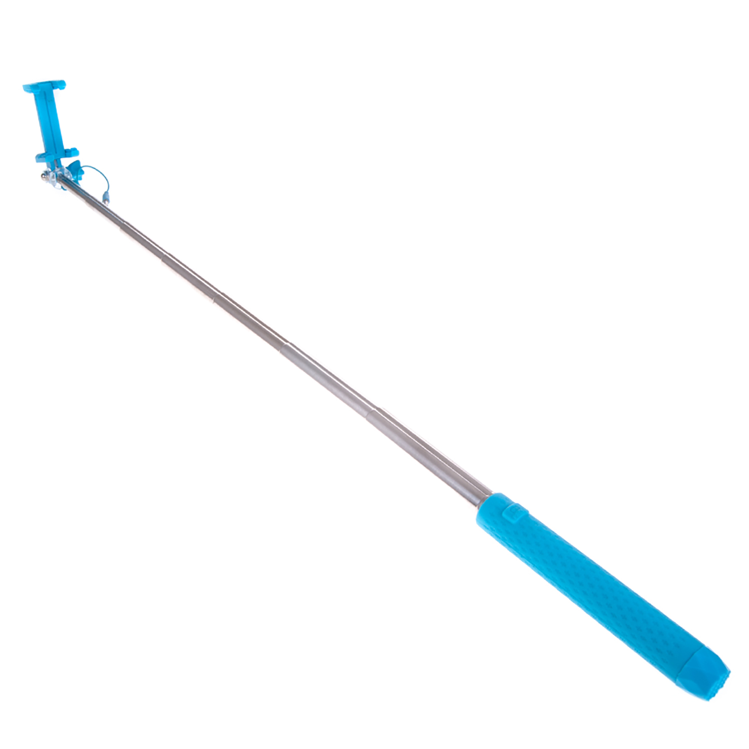 Palo de selfie azul extendido sobre fondo blanco, con un mango azul.
