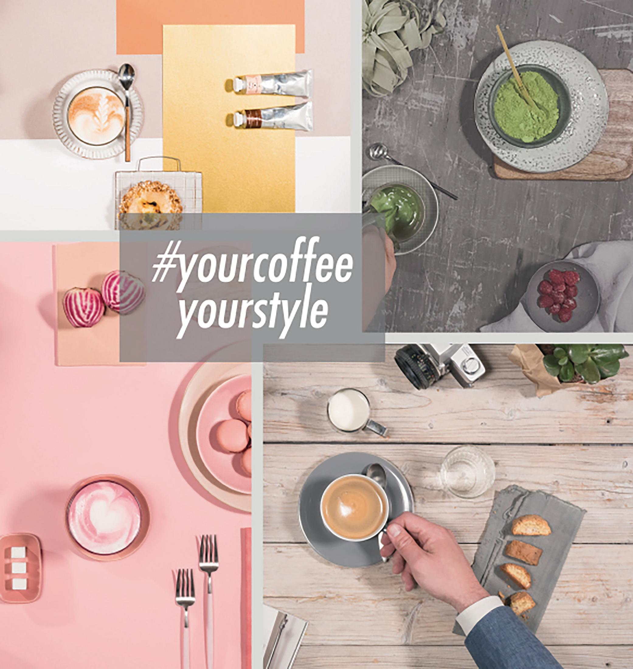 Kolaż zdjęć o tematyce kawowej z tekstem '#yourcoffee yourstyle'.