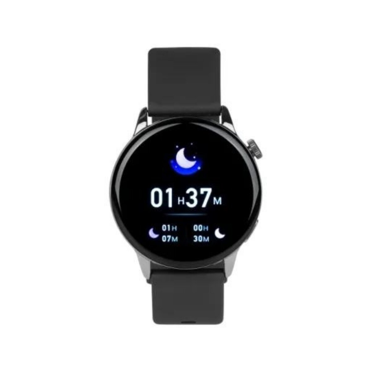 Czarny smartwatch wyświetla godzinę, ikonę półksiężyca i inne wskaźniki.