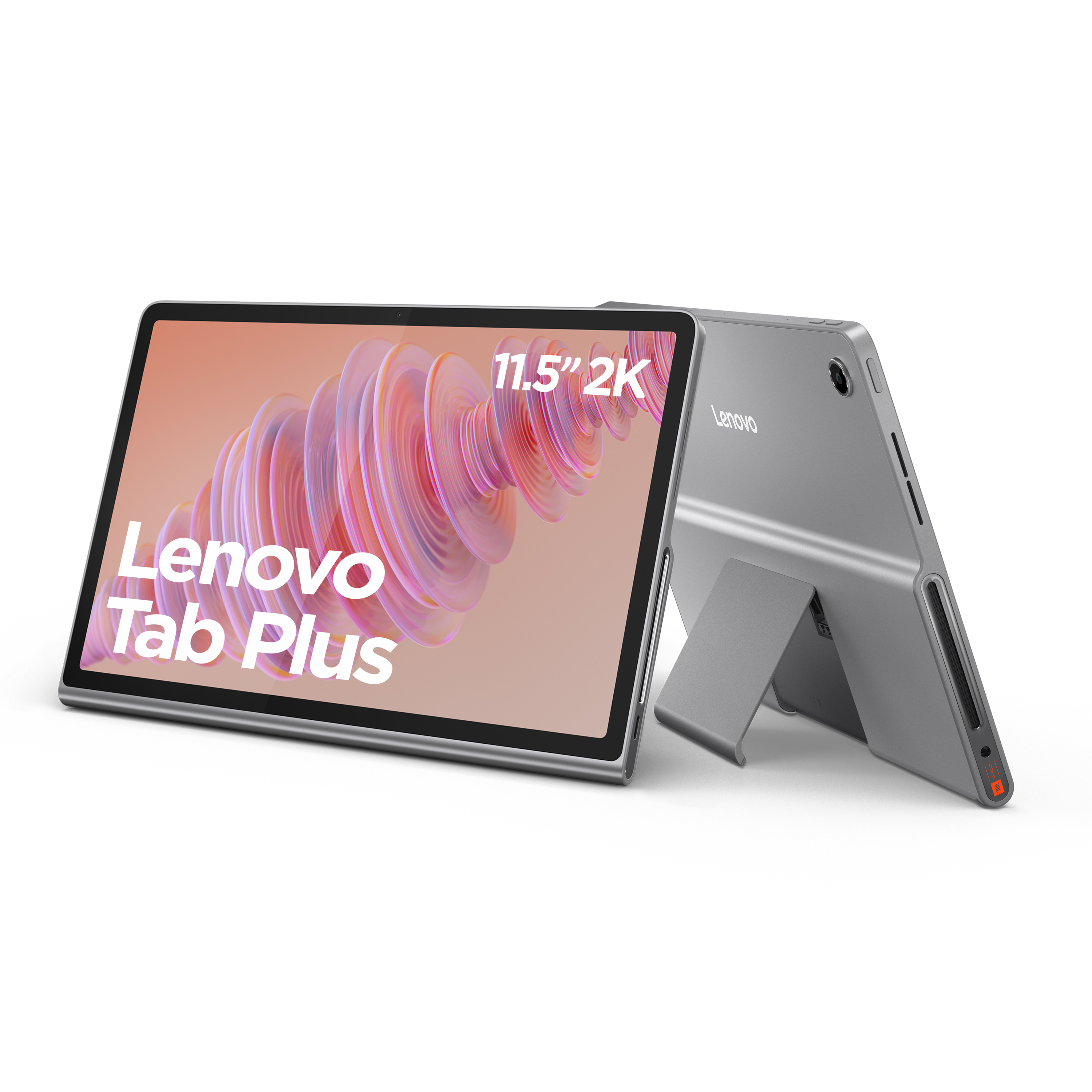 Tablet Lenovo Tab Plus argento, lo schermo mostra Lenovo Tab Plus e 11,5" 2K. Uno è in piedi.