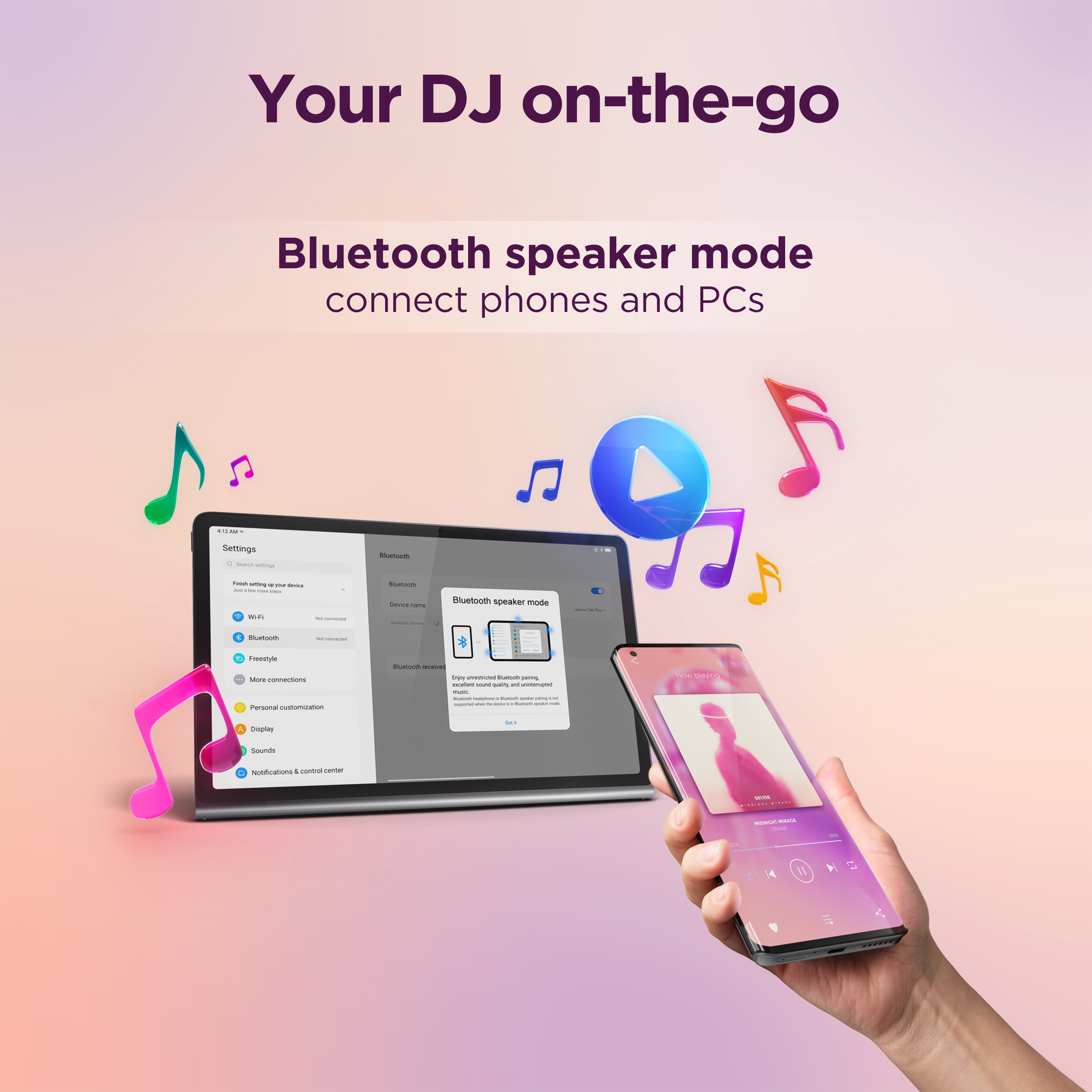 Scena che raffigura un tablet e un telefono con note musicali, che promuove la modalità altoparlante Bluetooth.