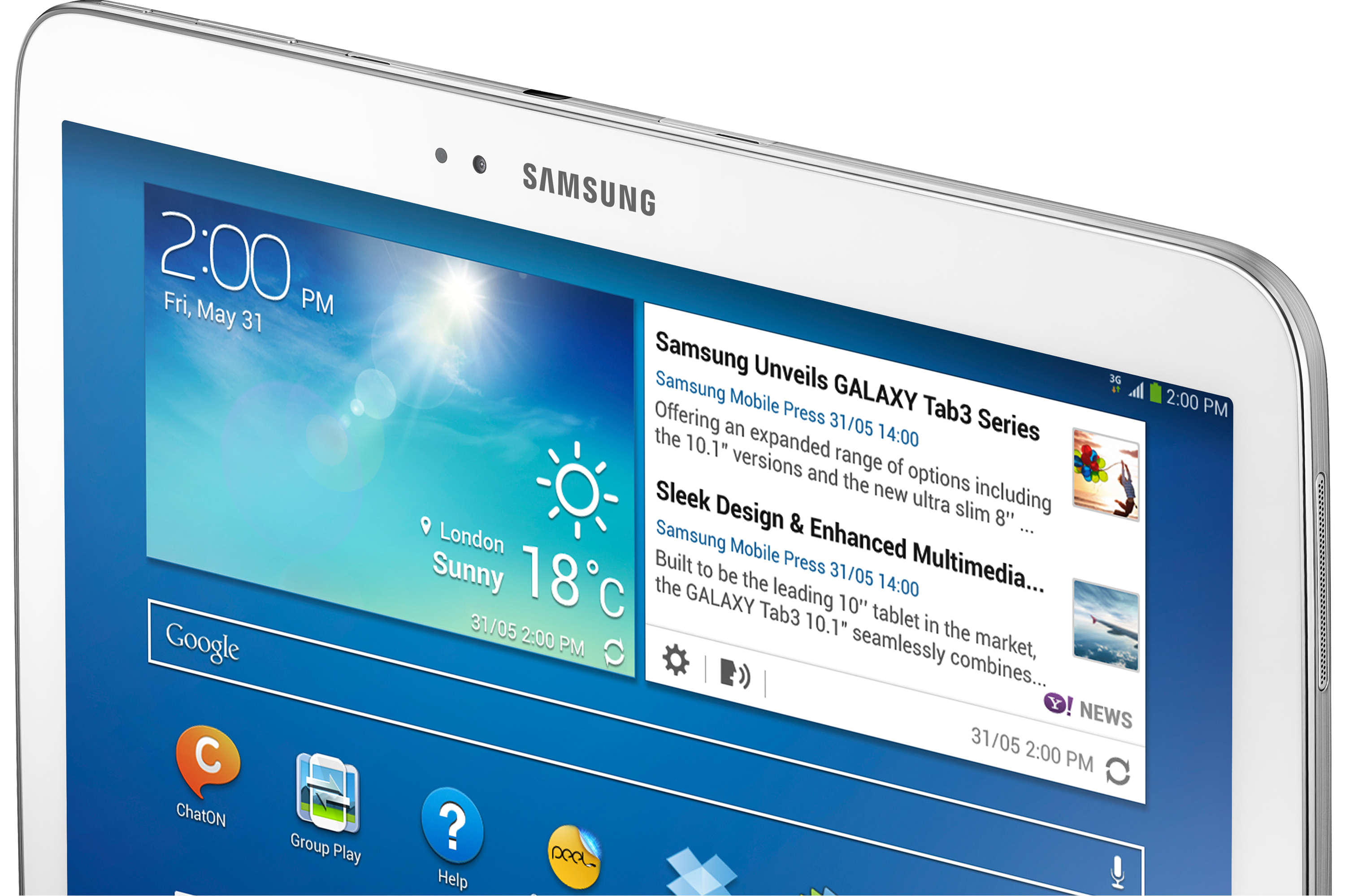 Ein weißer Samsung Tablet-Bildschirm zeigt Uhrzeit, Wetter und Schlagzeilen.