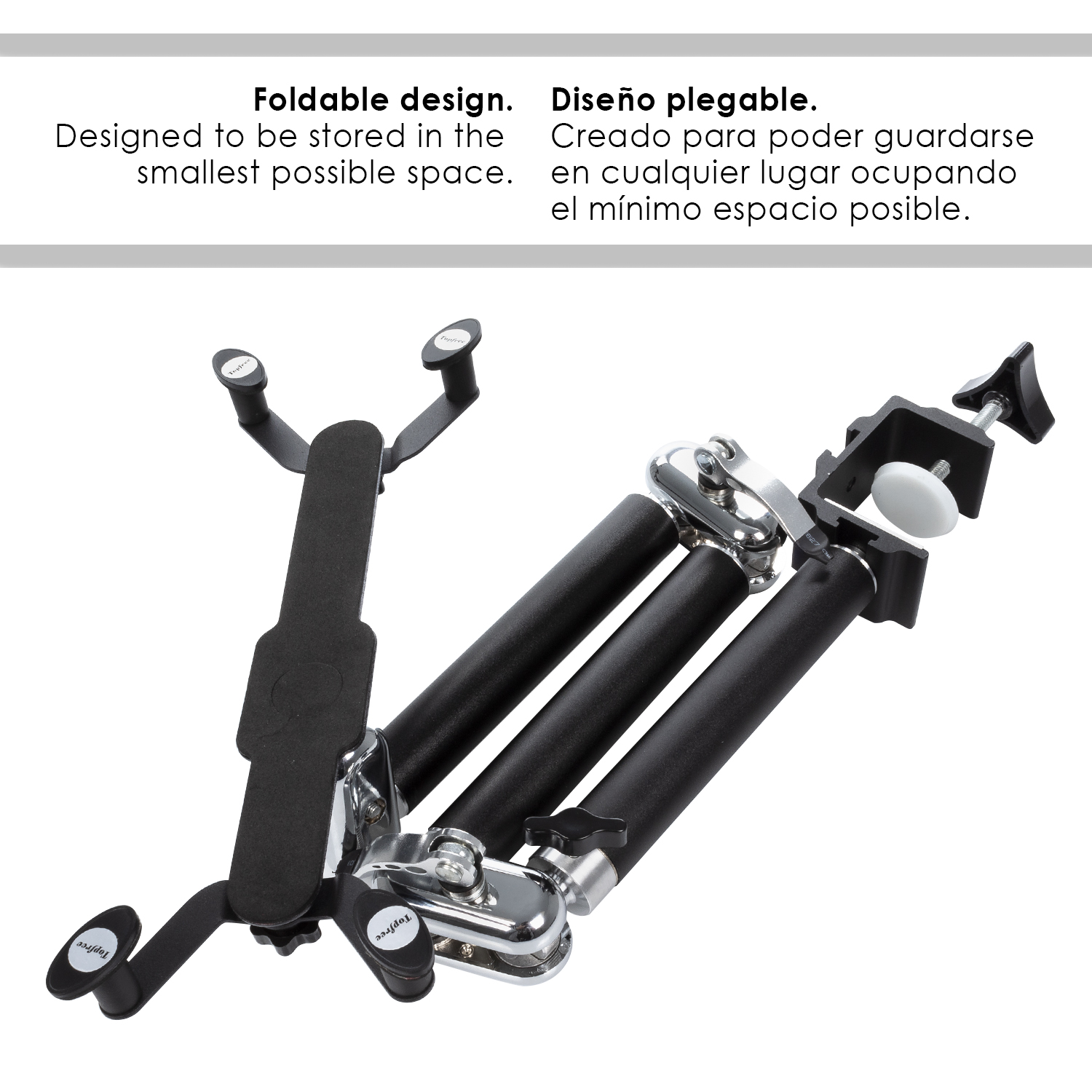 Soporte para tableta, negro con detalles plateados. Texto sobre diseño plegable, fondo blanco.