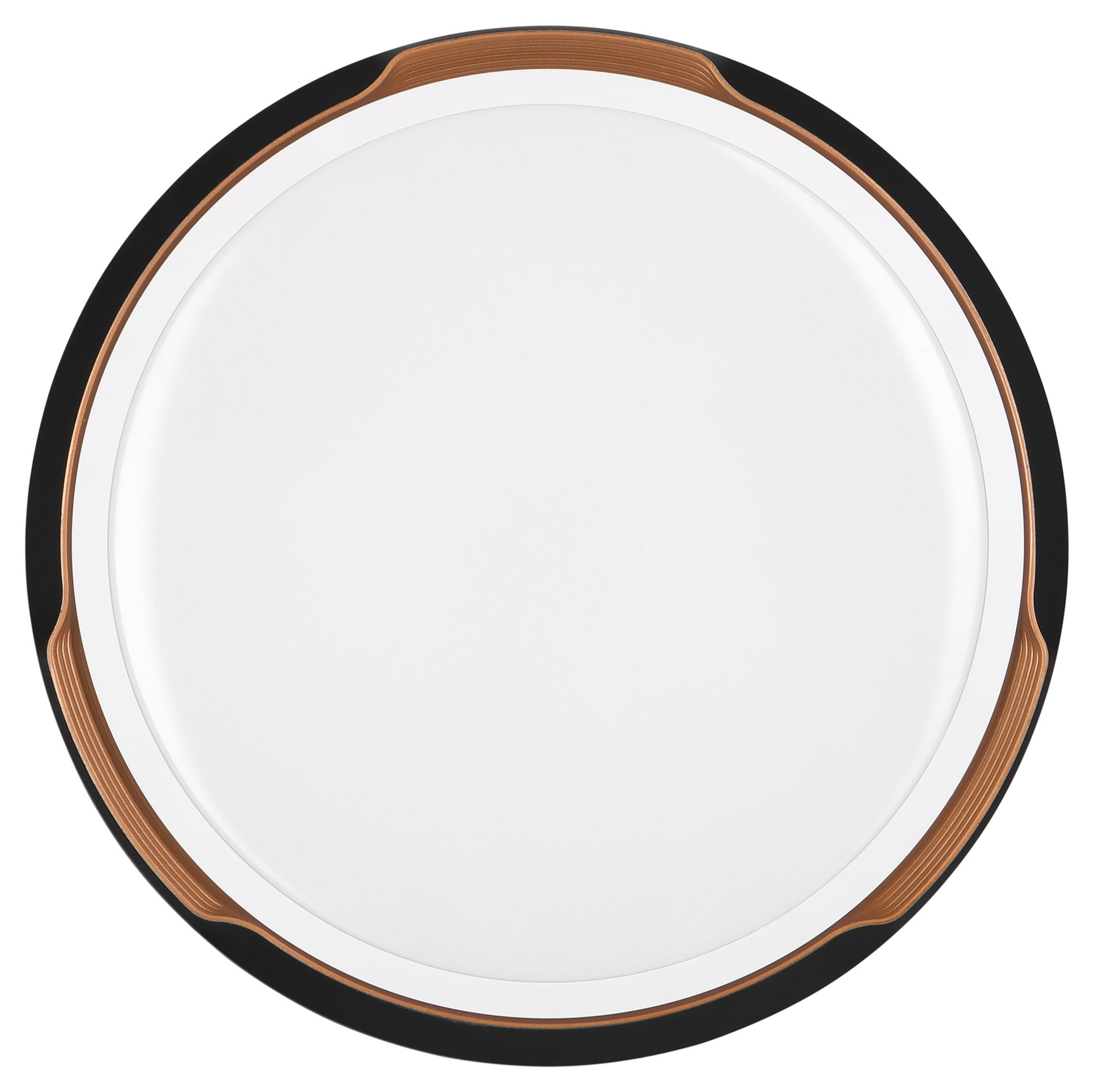 Plafoniera rotonda con centro bianco e bordo nero e color legno, su bianco.