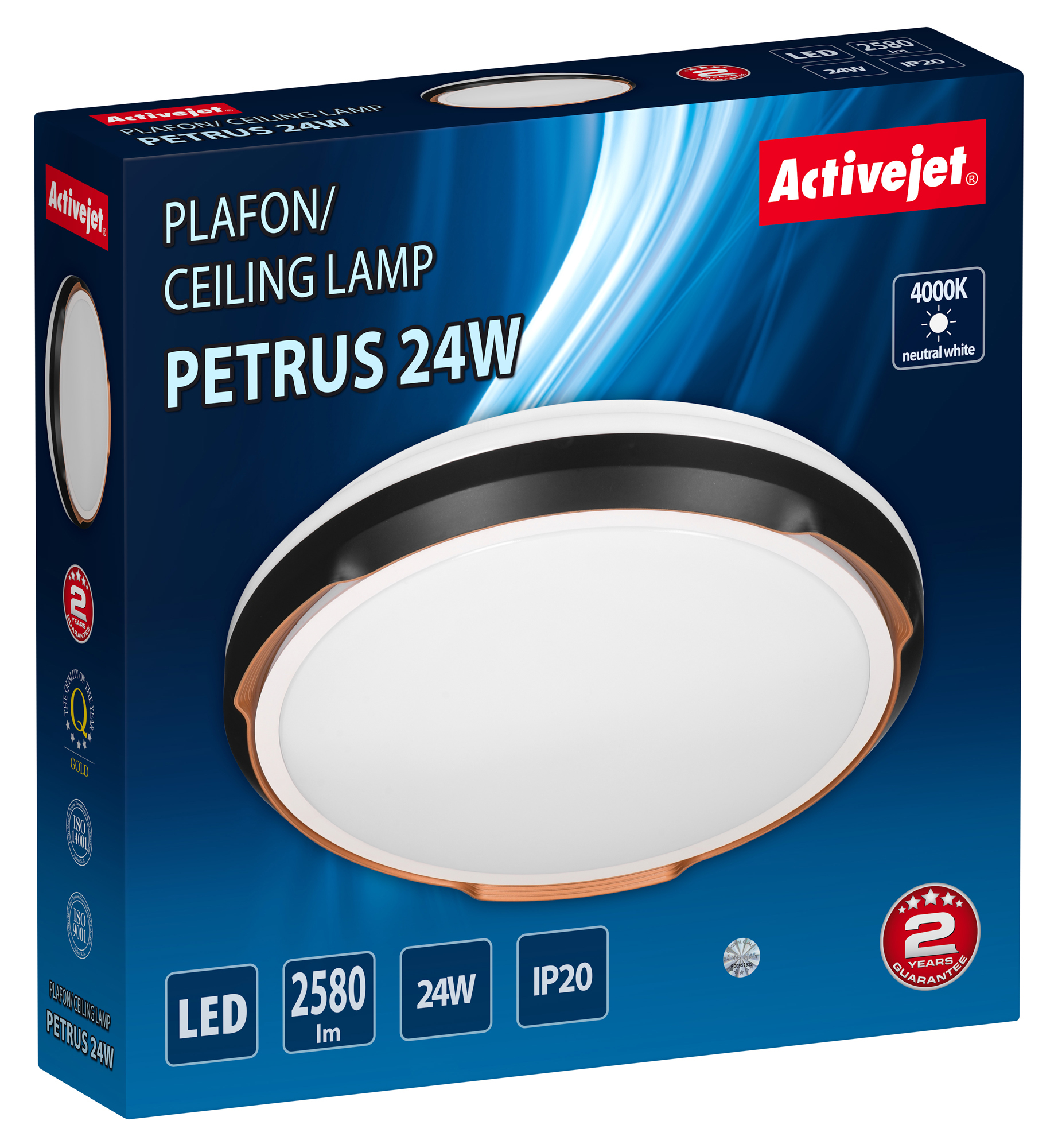 Scatola per una lampada da soffitto etichettata 'Plafon/Ceiling lamp' con marchio 'Activejet'.