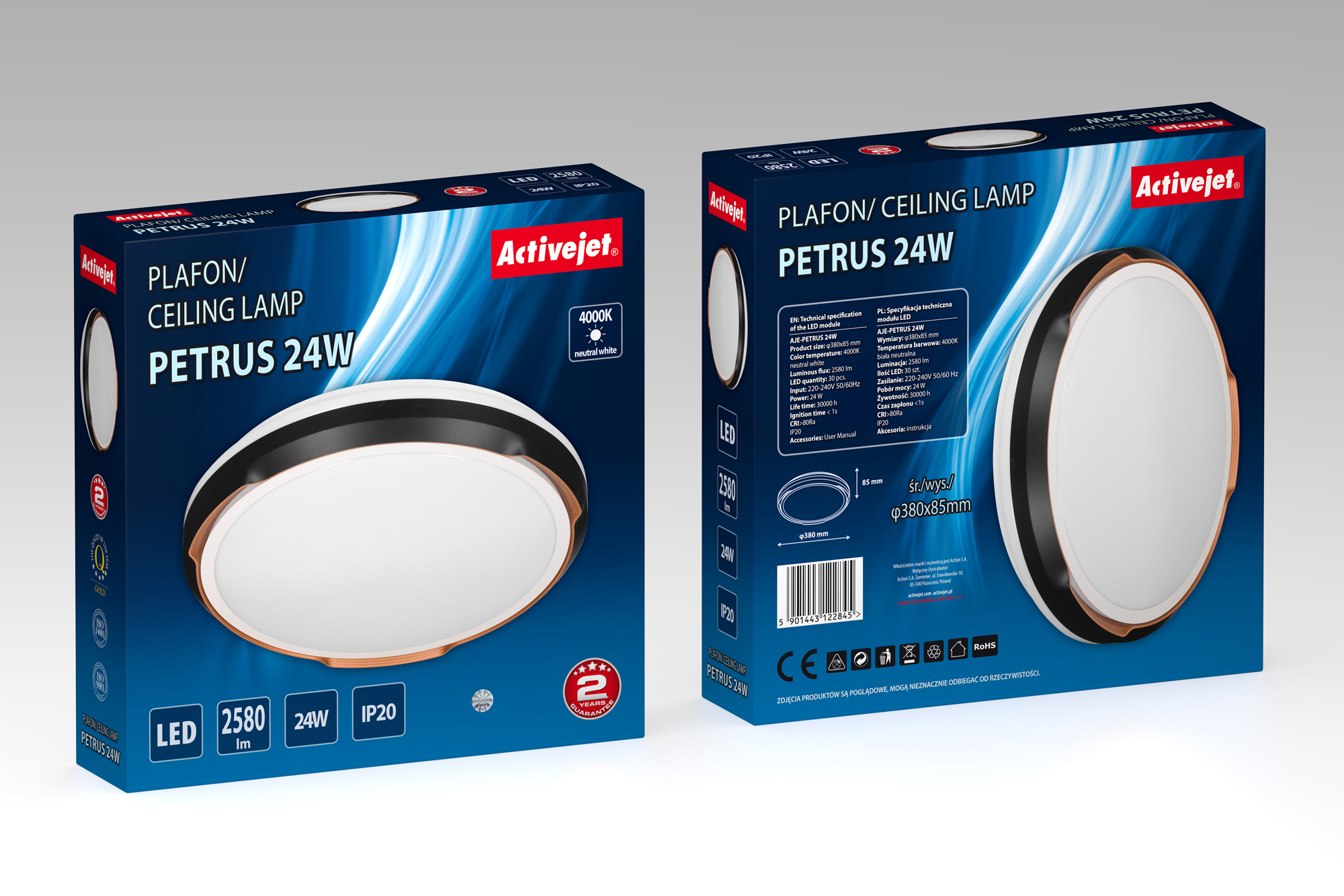 Due lati di una scatola della lampada. Mostra una lampada da soffitto con anello in rame. Sfondo bianco.