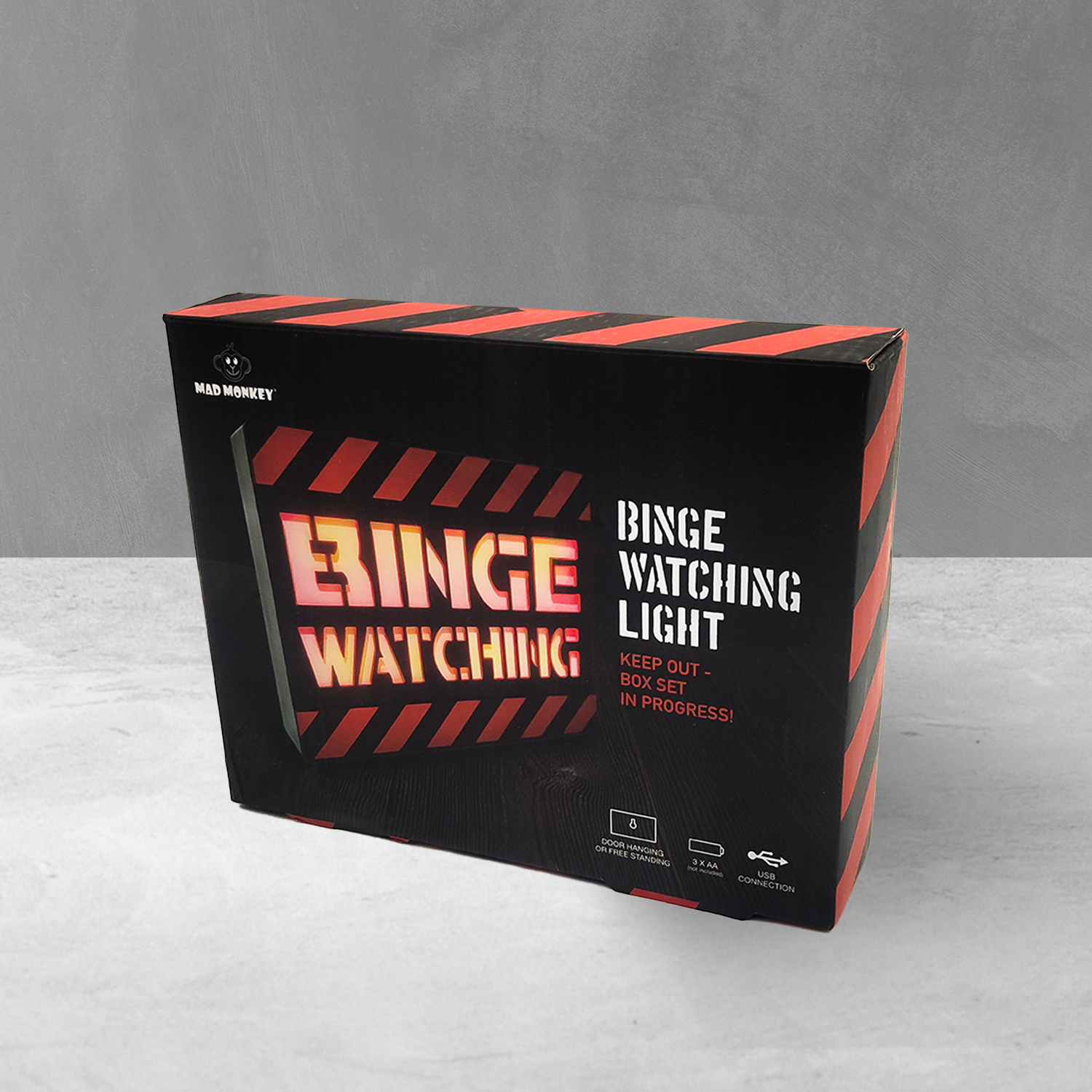 Box set per 'Binge Watching Light'. Scatola nera con testo rosso e bianco.
