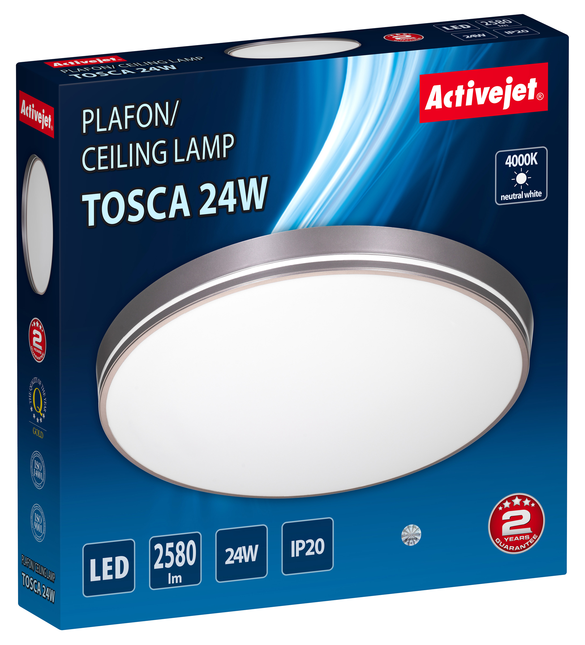 Scatola di una lampada da soffitto: TOSCA 24W, con un'immagine di lampada circolare bianca.