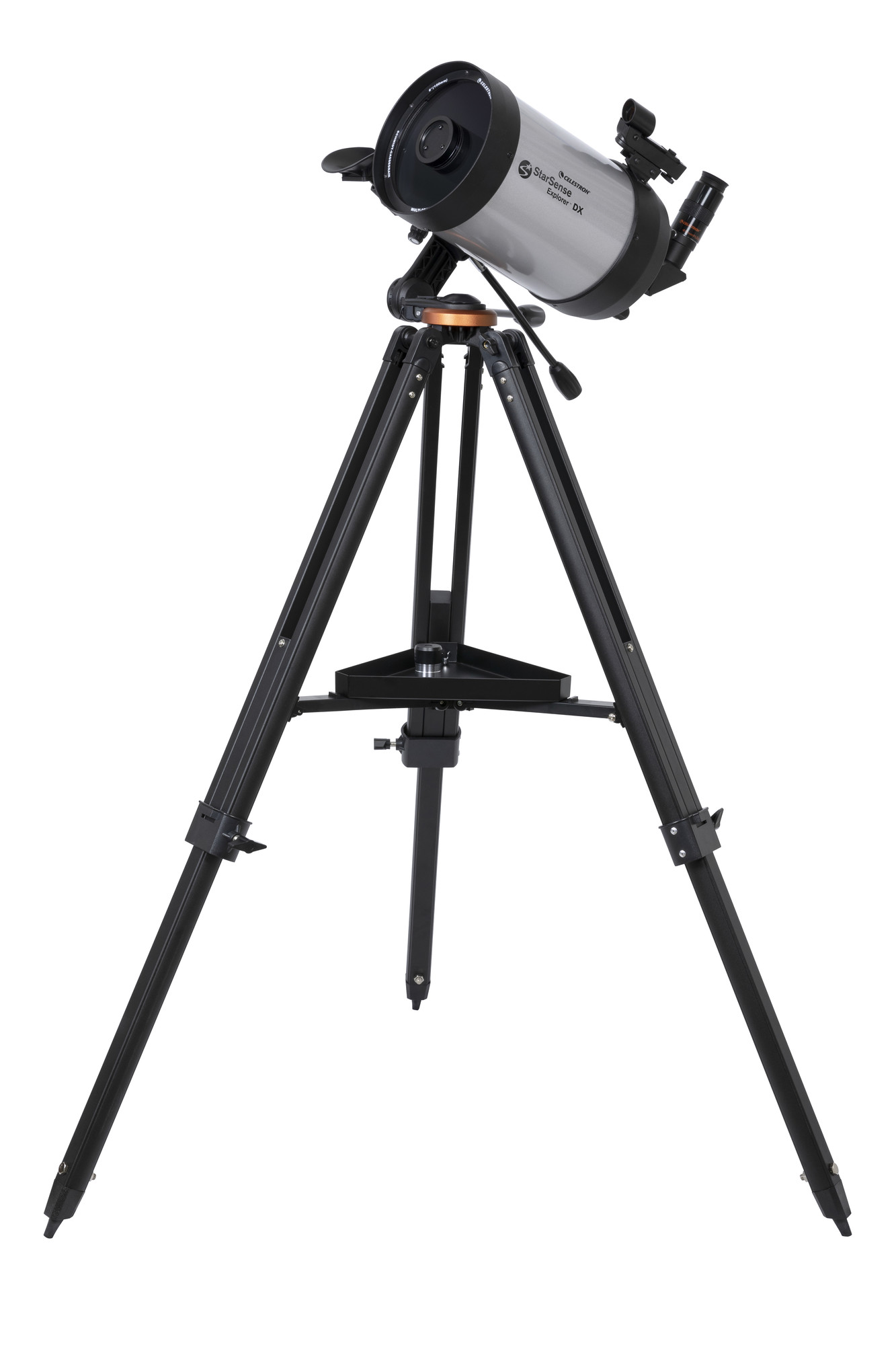 Ein schwarzes Teleskop auf einem Stativ. Das Teleskop ist silber und schwarz.