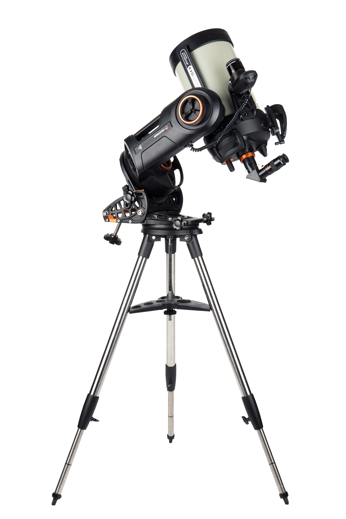 Celestron Teleskop auf einem Stativ, schwarz und beige, mit verschiedenen Komponenten und Zubehör.