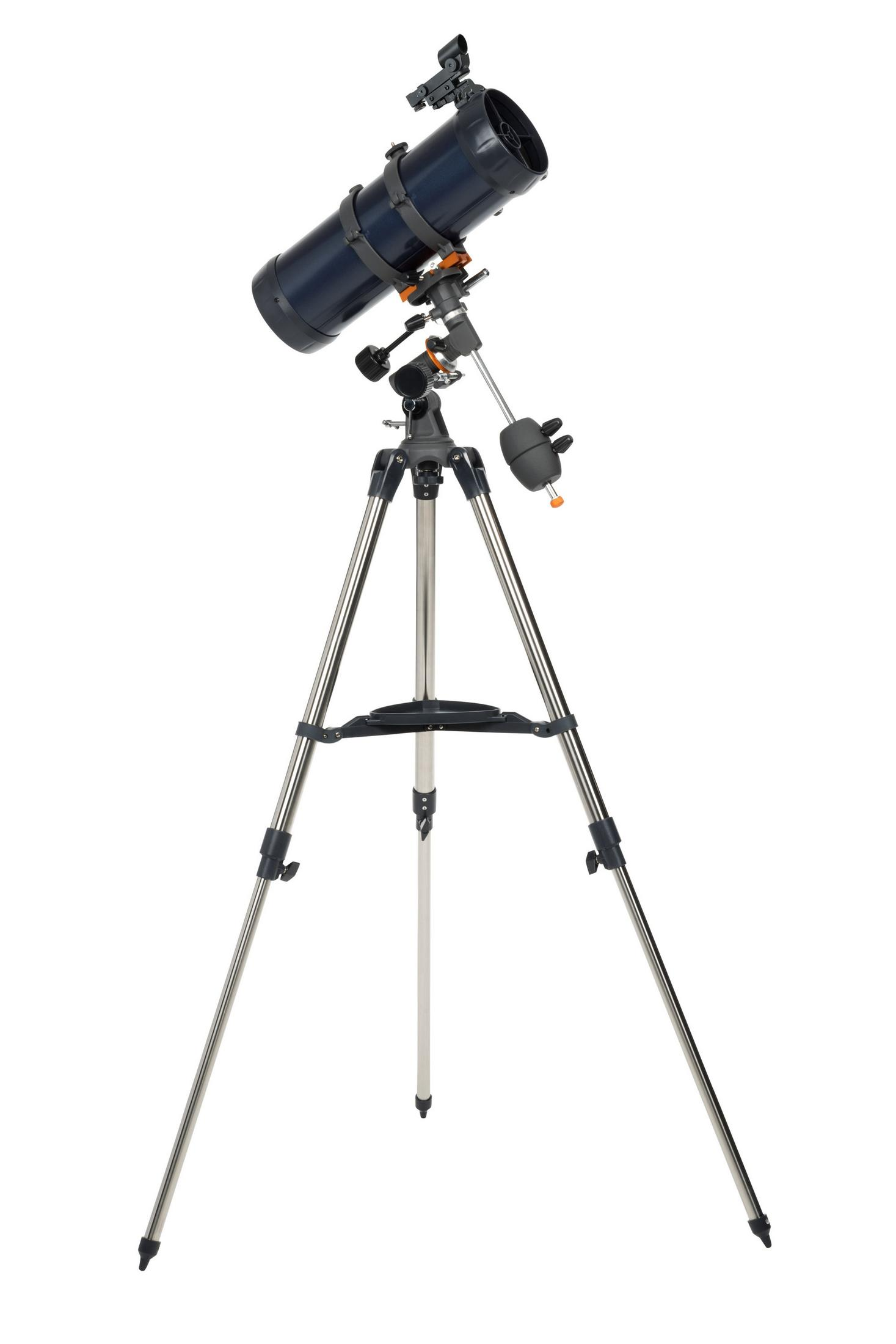 Ein Teleskop steht auf einem Stativ. Es ist schwarz und silbern, bereit für astronomische Beobachtungen.