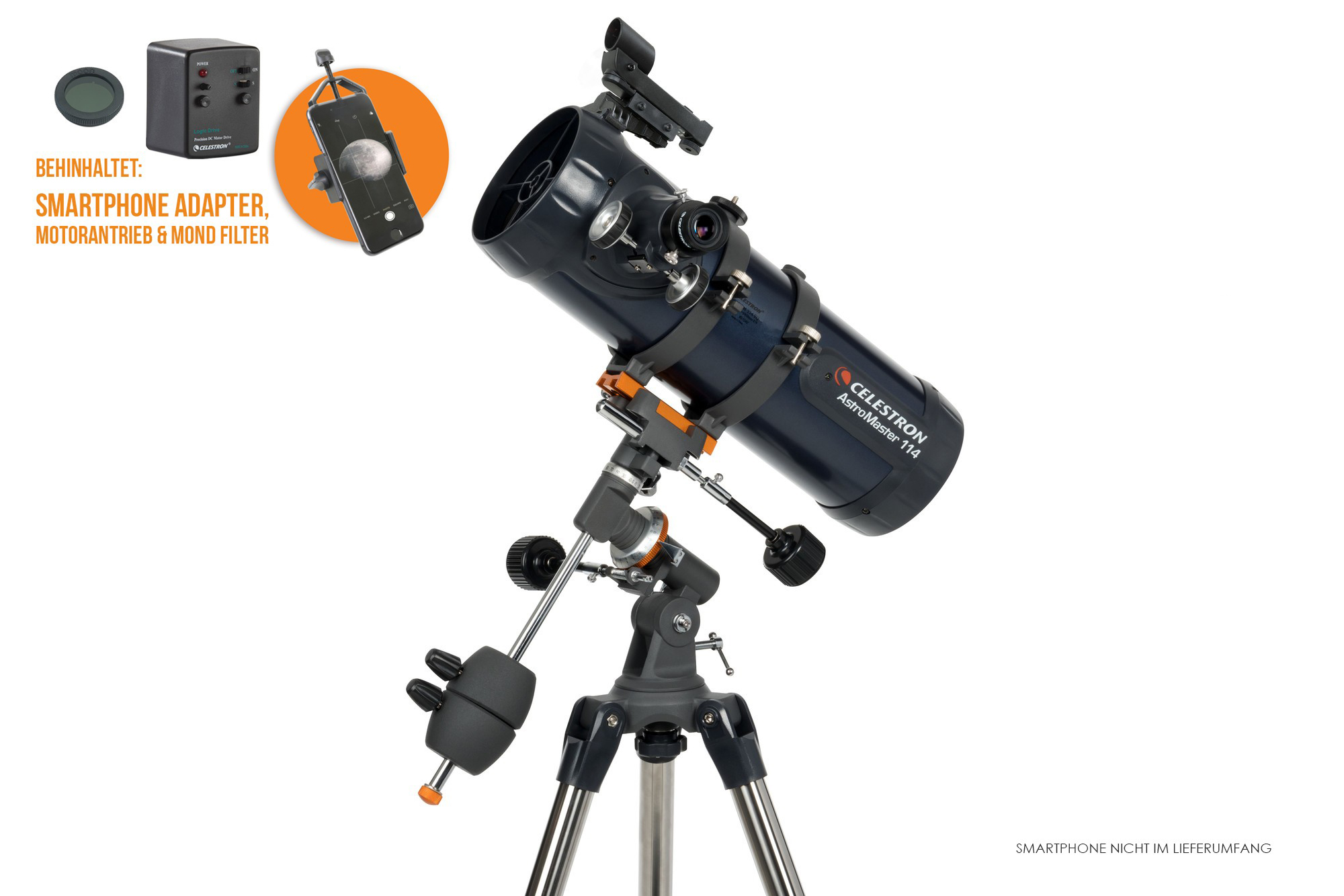 Celestron Teleskop auf Stativ mit Zubehör, auf weißem Hintergrund.