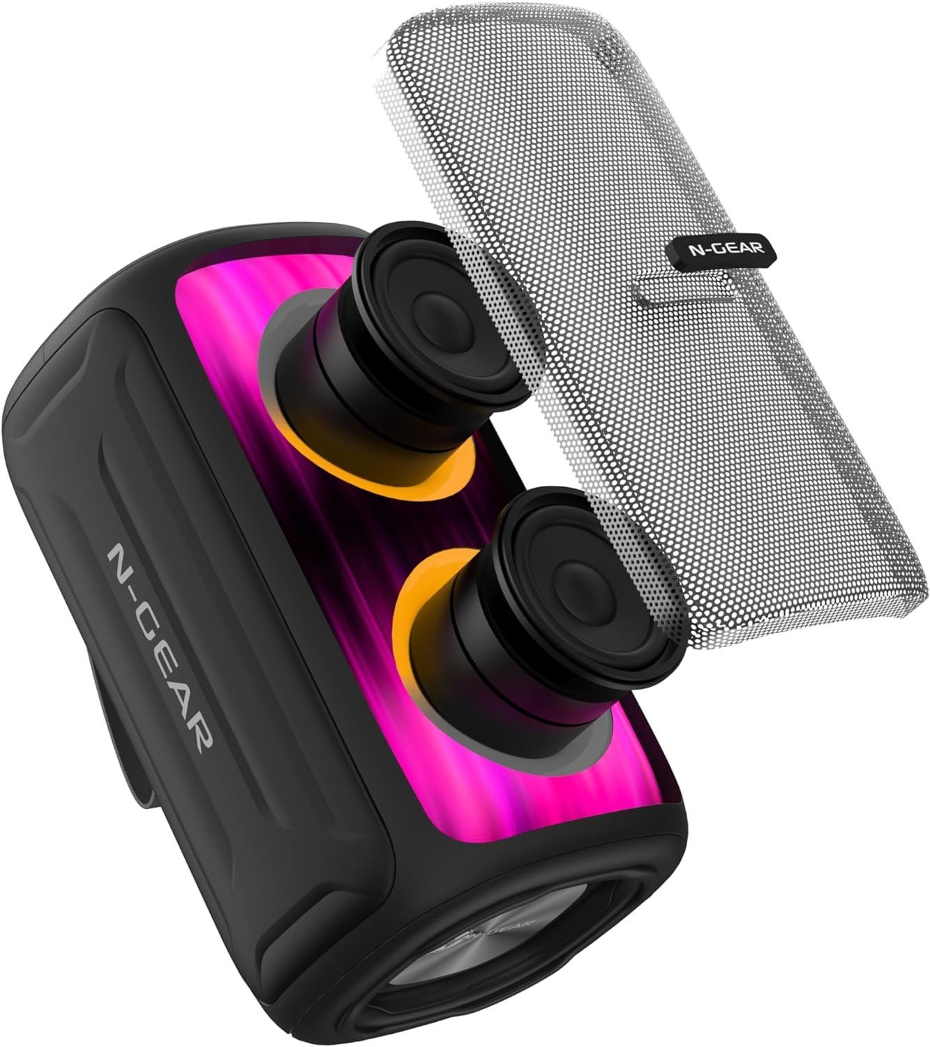 Zwarte en roze luidspreker met twee luidsprekers, een losgemaakte hoes en het N-GEAR logo.