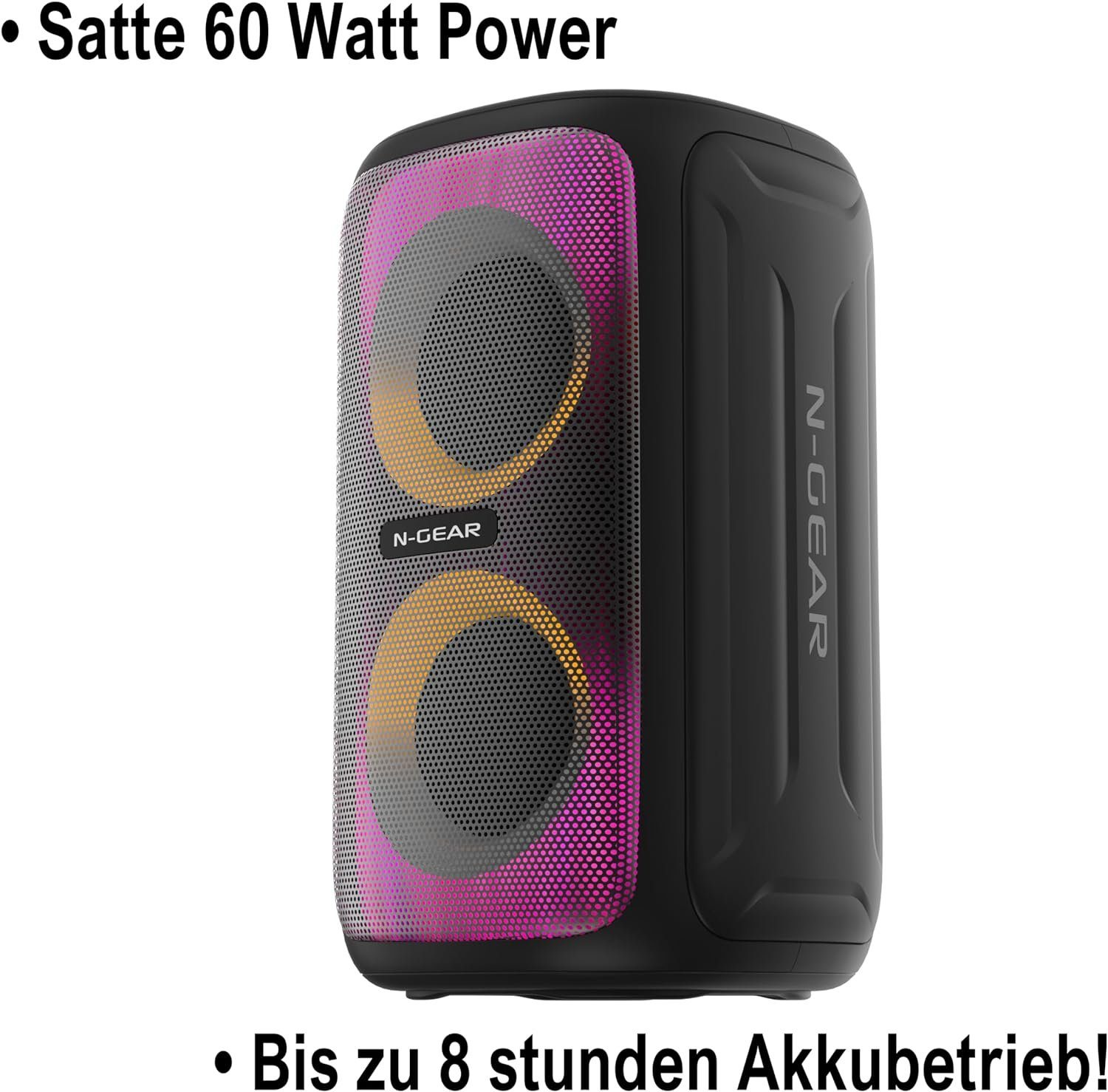 Zwarte luidspreker met twee ronde luidsprekerroosters met kleurrijke lichten erin. N-GEAR staat erop.