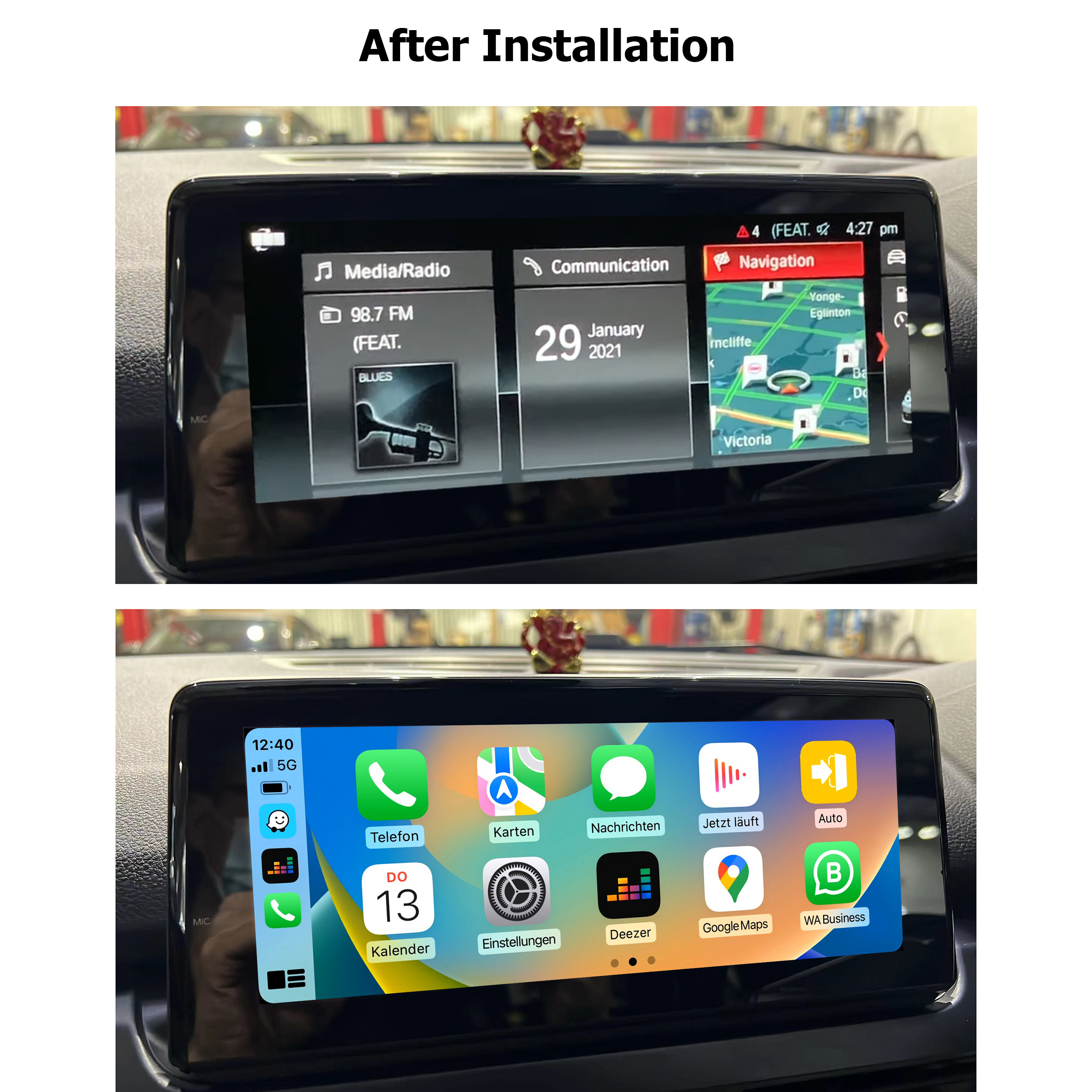 Auto-Interface-Bildschirm vor und nach der Installation, Navigation und App-Symbole zeigend.