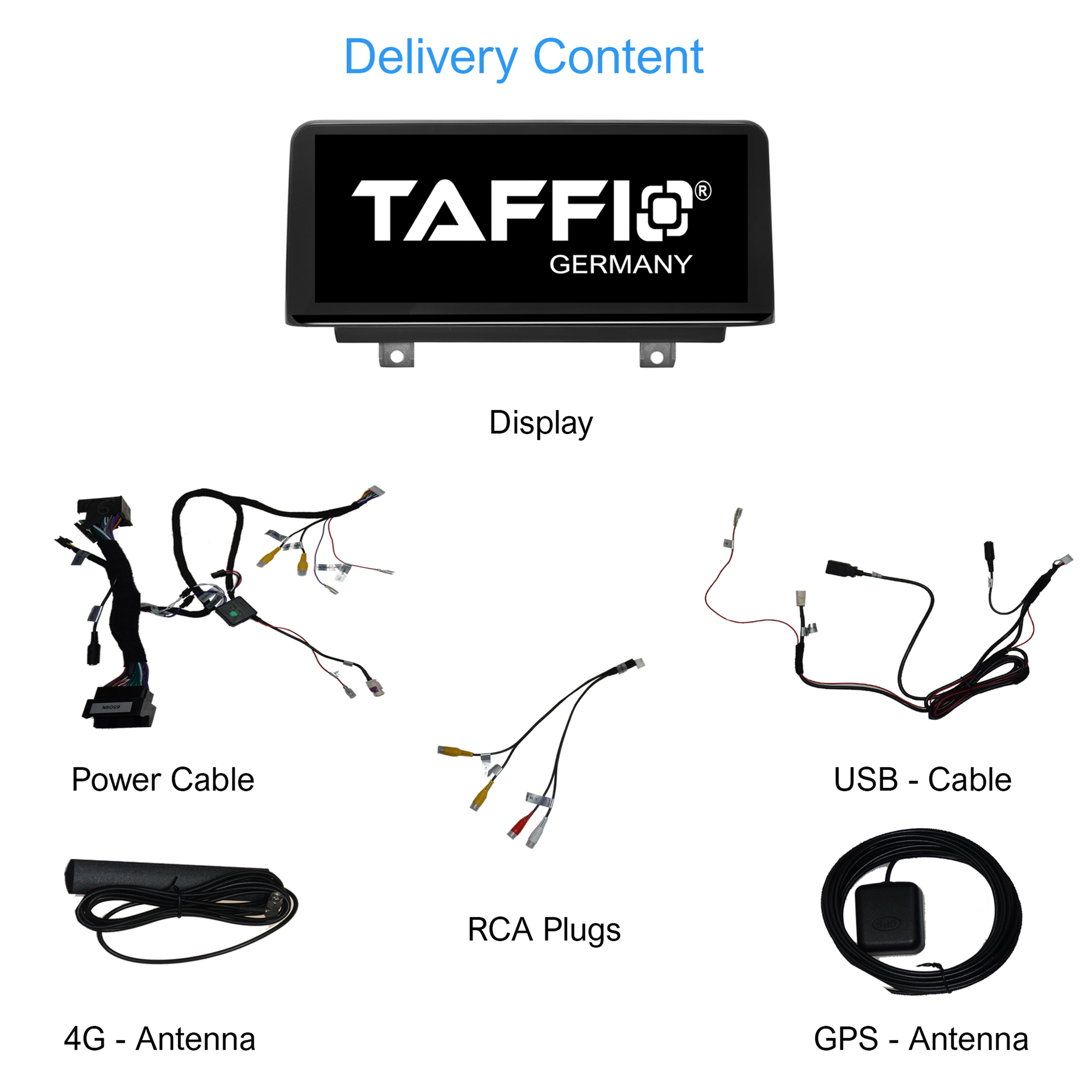 Lieferumfang: Display, Kabel und Antennen.