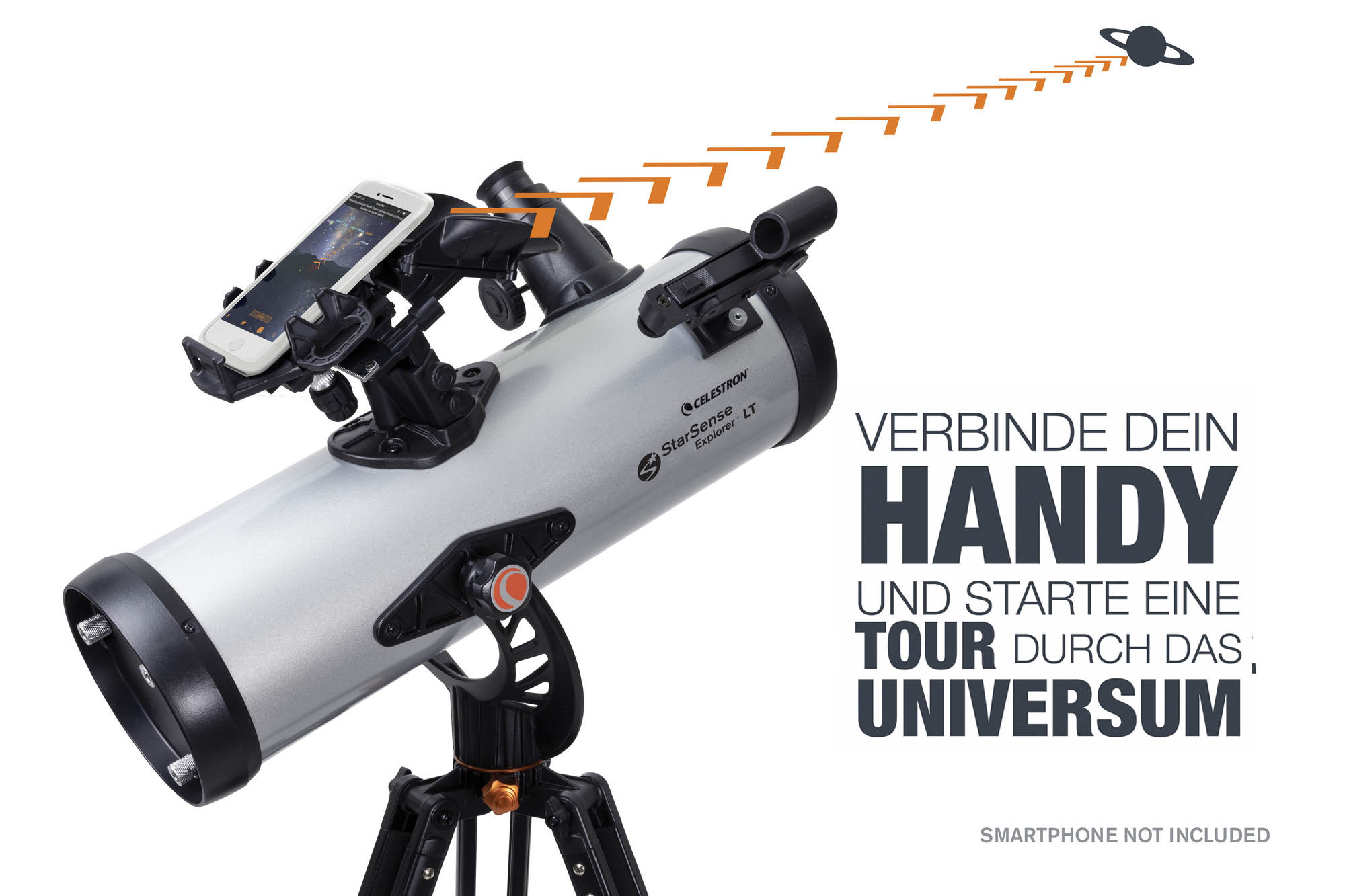 Teleskop mit Smartphone-Halterung, auf einen Planeten gerichtet. Text: Verbinde dein Handy und bereise das Universum.