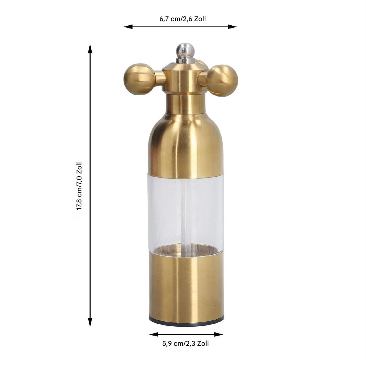 Eine goldene Pfeffermühle. Die Mühle hat ein klares Fenster und Maßangaben in cm/Zoll.
