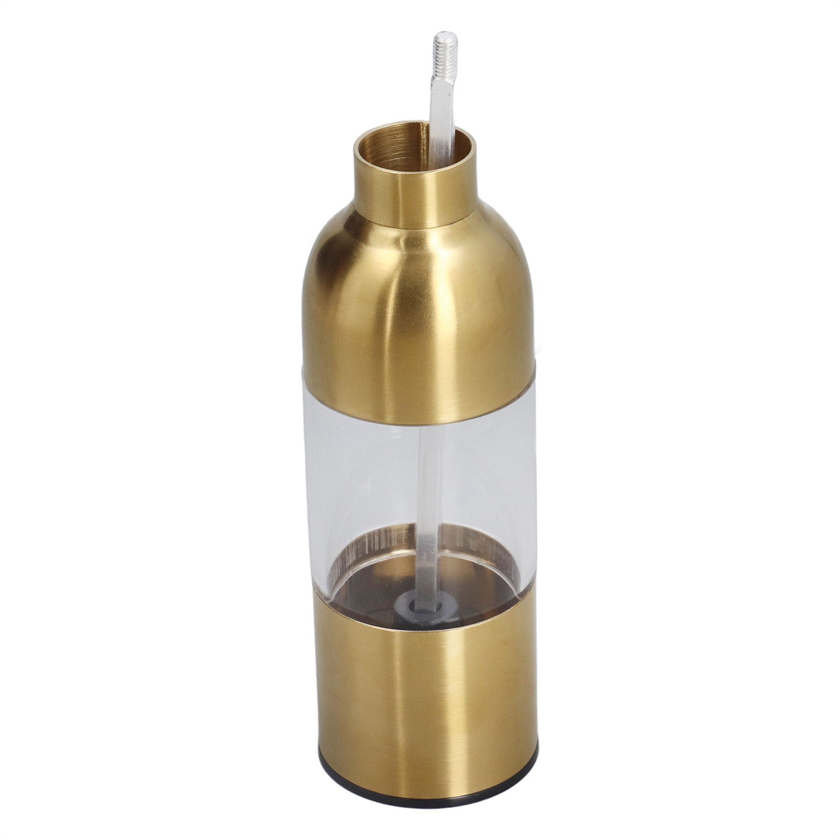 Eine goldene Pfeffermühle mit durchsichtigem Mittelteil und einem transparenten Rohr, das sich von oben erstreckt.