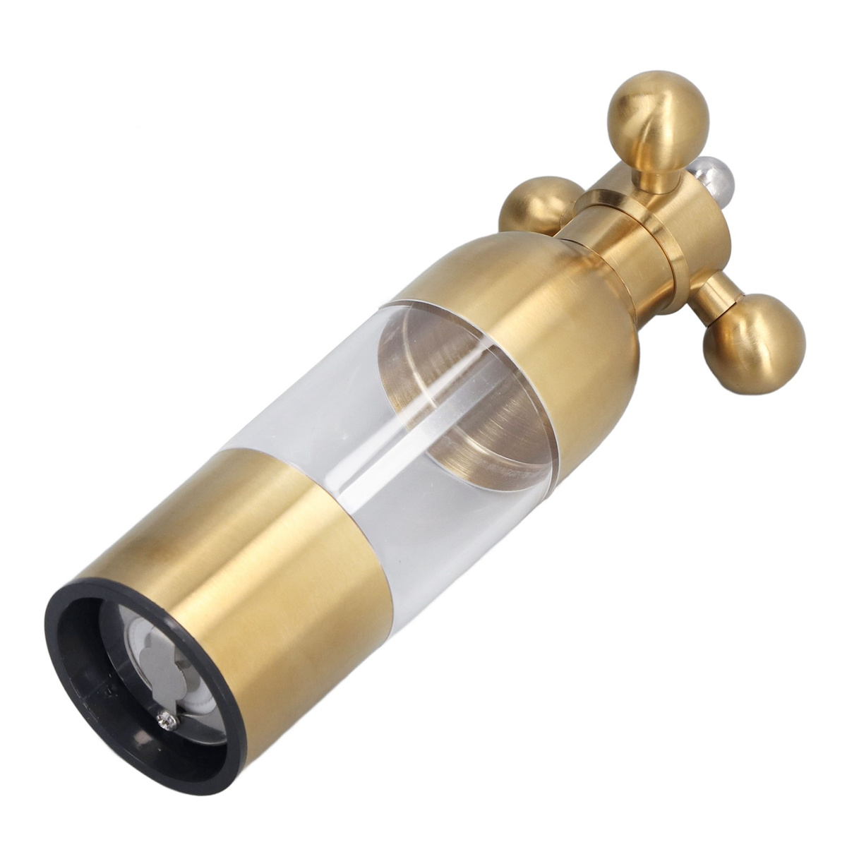Goldener Pfeffermühle mit transparentem Kunststoff-Mittelteil auf weißem Hintergrund.