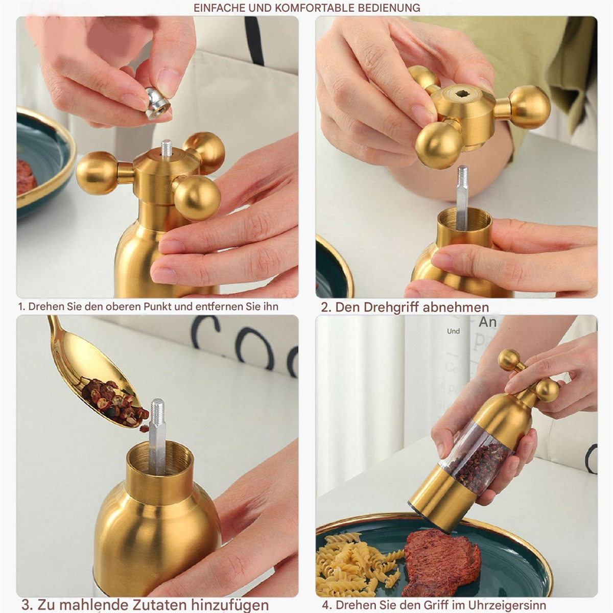 Schritt-für-Schritt-Anleitung zum Zusammenbau eines goldenen Gewürzmahlers.