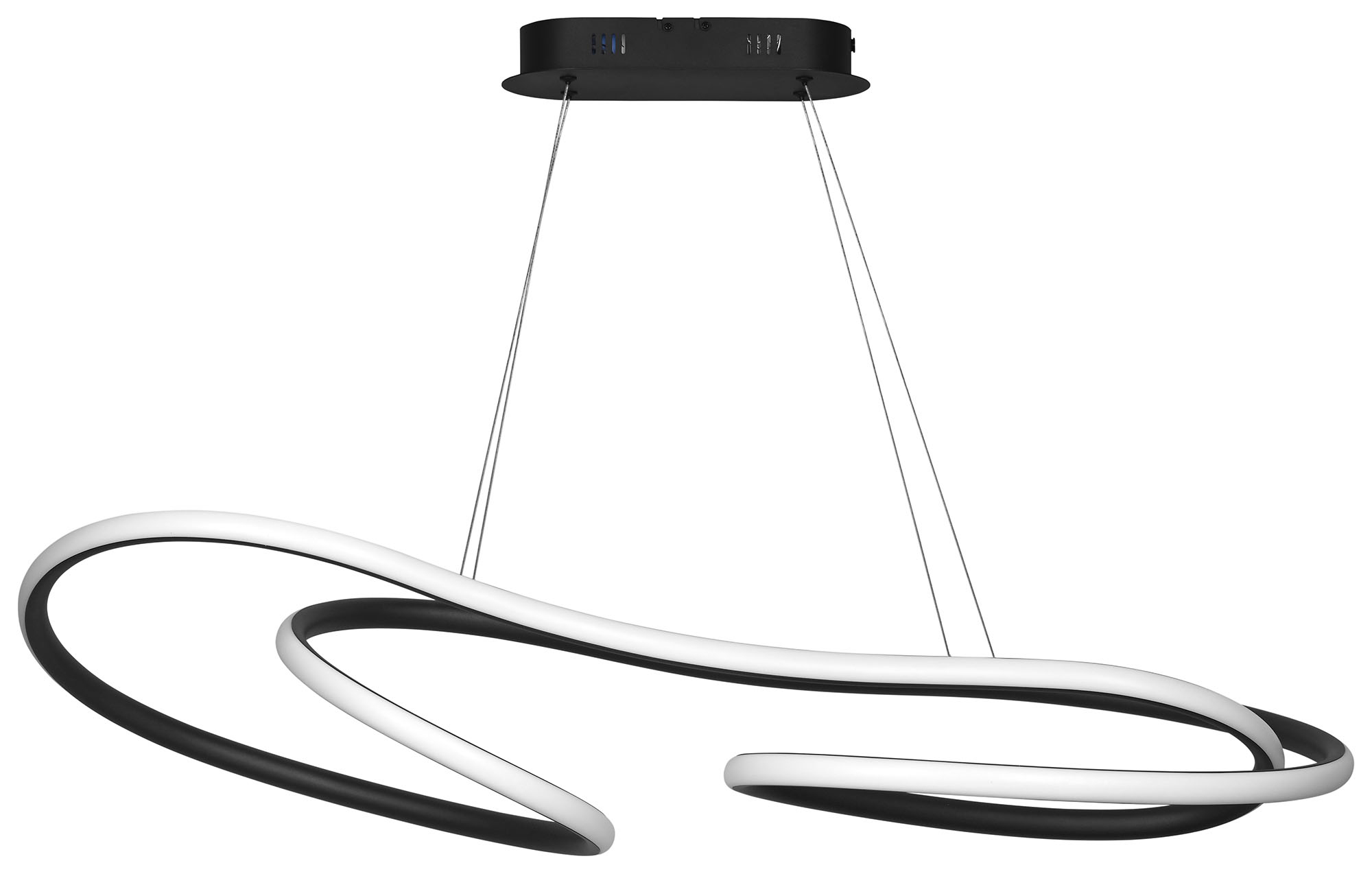 Lámpara colgante moderna con diseño curvo blanco y negro.