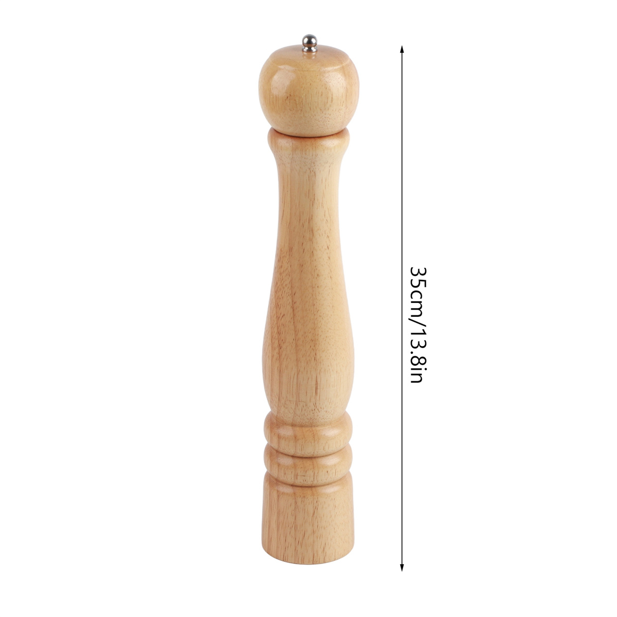 Ein hoher Pfeffermühle aus Holz mit abgerundeter Oberseite, mit einer Längenmessung von 35 cm/13,8 Zoll.