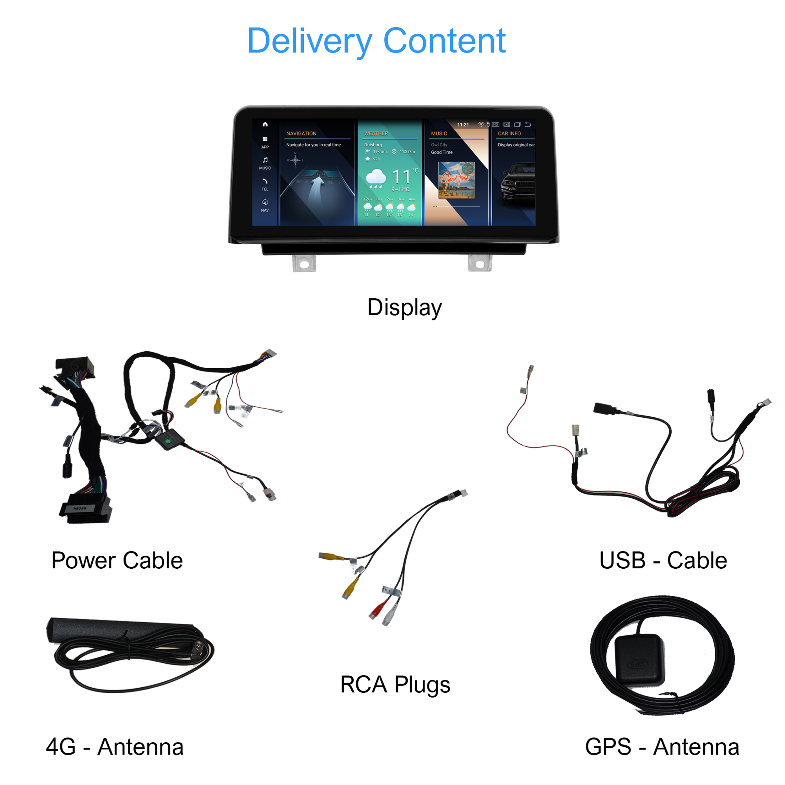 Anordnung von Komponenten. Ein Bildschirm, Stromkabel, USB-Kabel, Cinch-Stecker, 4G-Antenne und GPS-Antenne.
