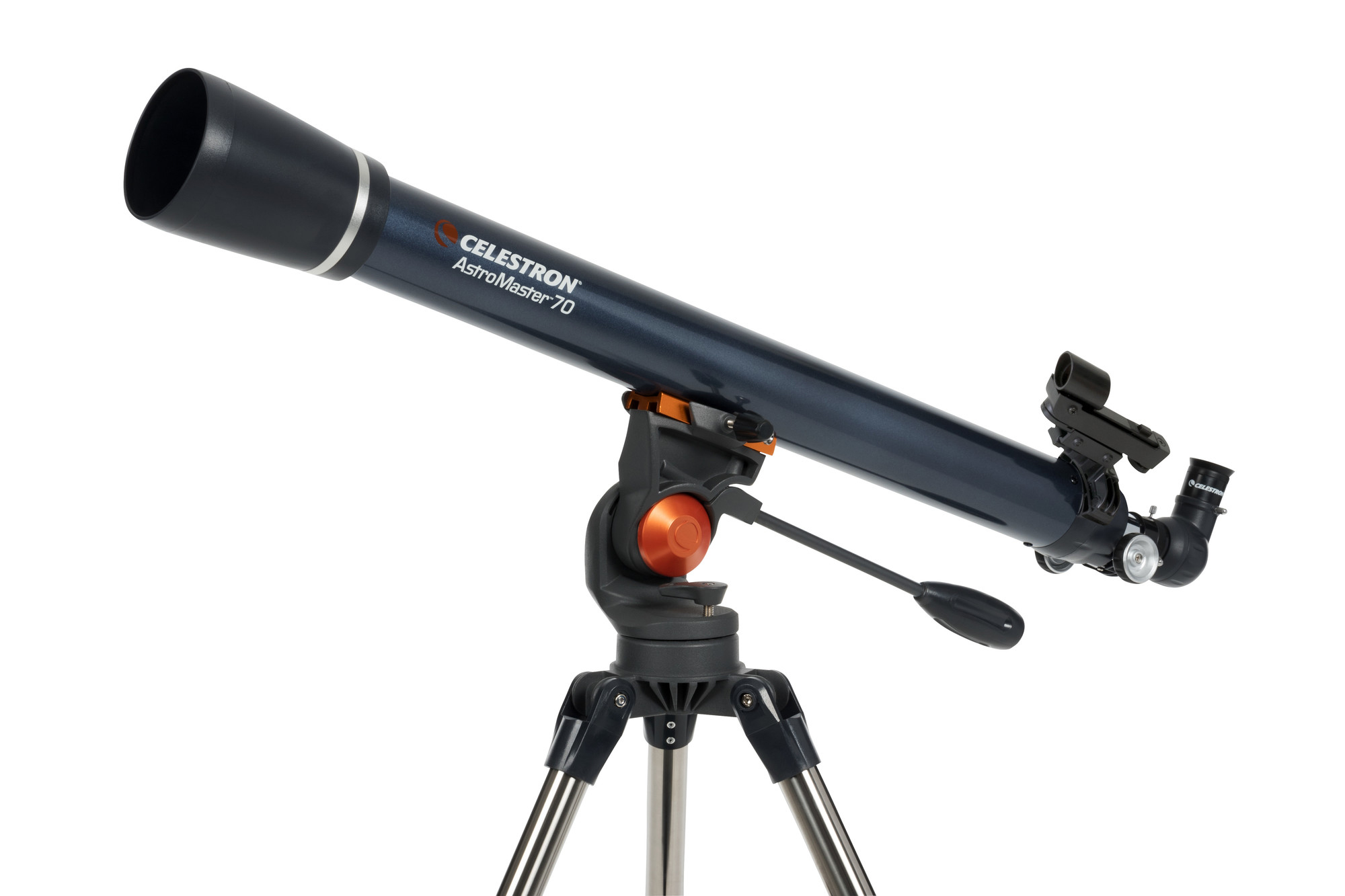Ein blaues Celestron-Teleskop steht auf einem Stativ. Es hat ein schwarzes Okular und ein dunkelblaues Rohr.
