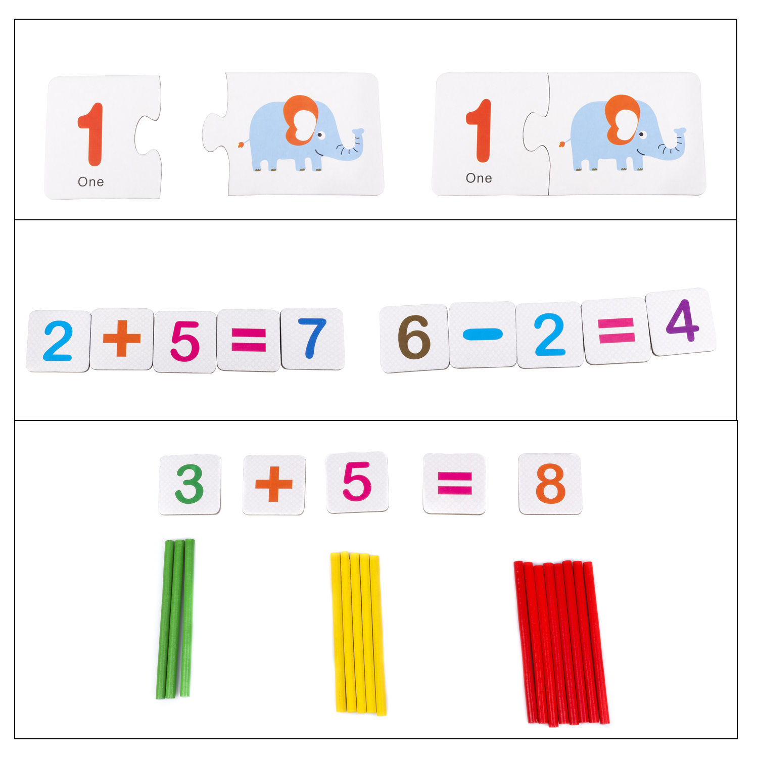 Puzzle di matematica in legno con i numeri 1, 2+5=7, 6-2=4, 3+5=8 e bastoncini colorati.
