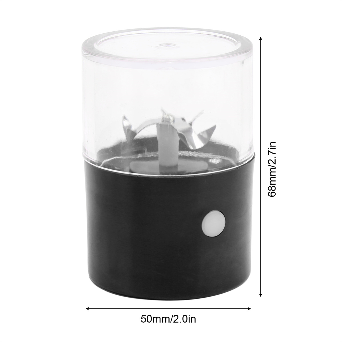Ein kleiner schwarzer und klarer Food Processor mit Maßen: 68mm hoch, 50mm breit.