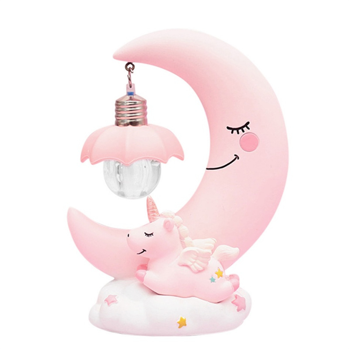 Eine rosa Einhorn-Lampe auf rosa mondförmiger Basis mit Glühbirne, auf weißem Hintergrund.