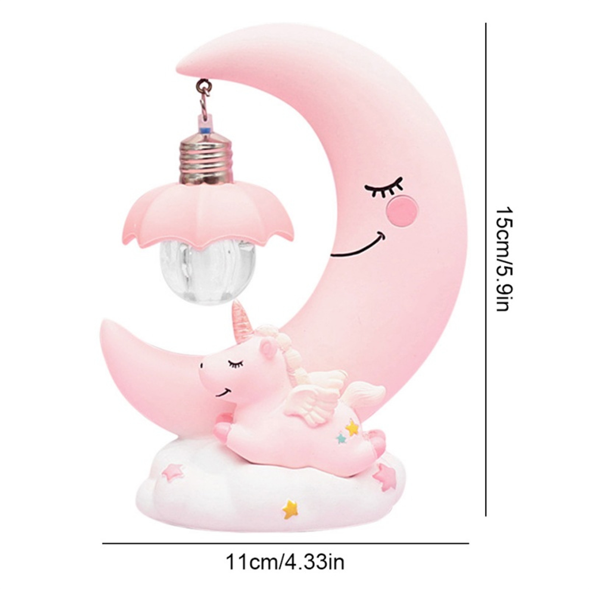 Eine rosa mondförmige Lampe mit einem Einhorn und einer darunter hängenden Glühbirne.